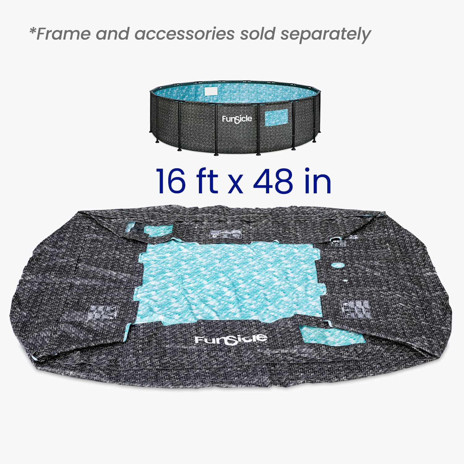 Pool liner with dimensions 16 ft x 48 in, shown open and folded, on a white background.