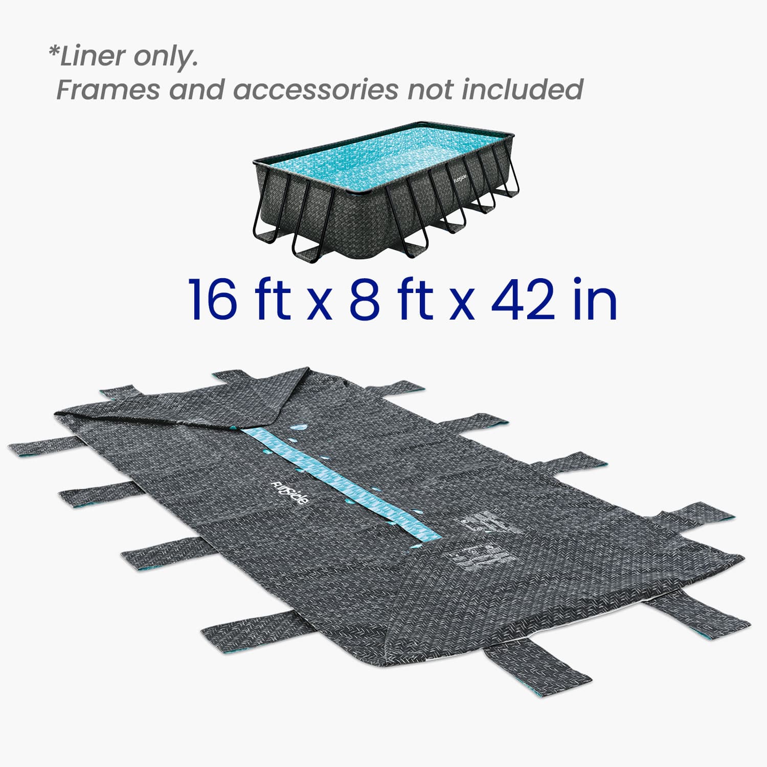 Pool liner with dimensions 16 ft x 8 ft x 42 in on a white background