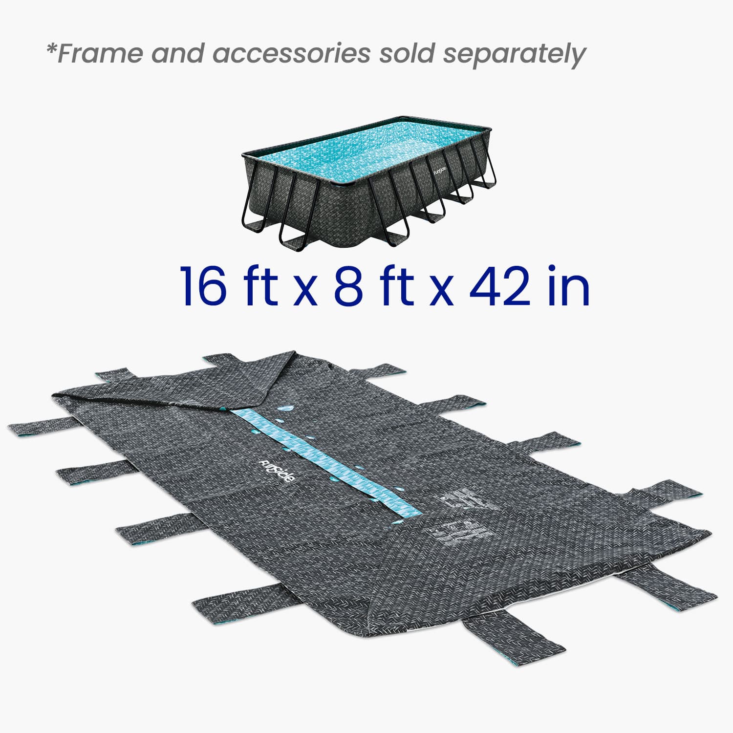 Pool liner with dimensions 16 ft x 8 ft x 42 in on a white background