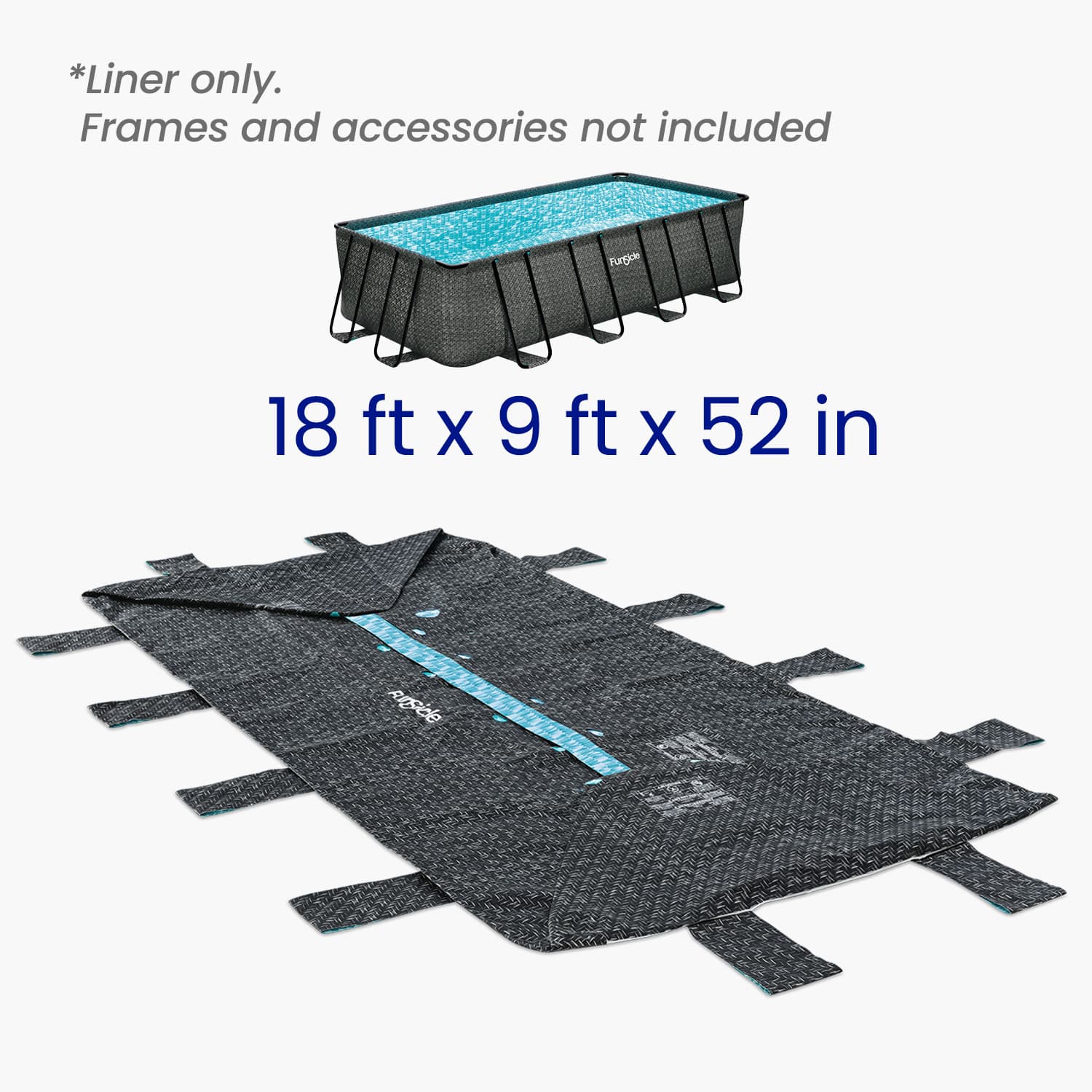 Pool liner with dimensions 18 ft x 9 ft x 52 in on a white background