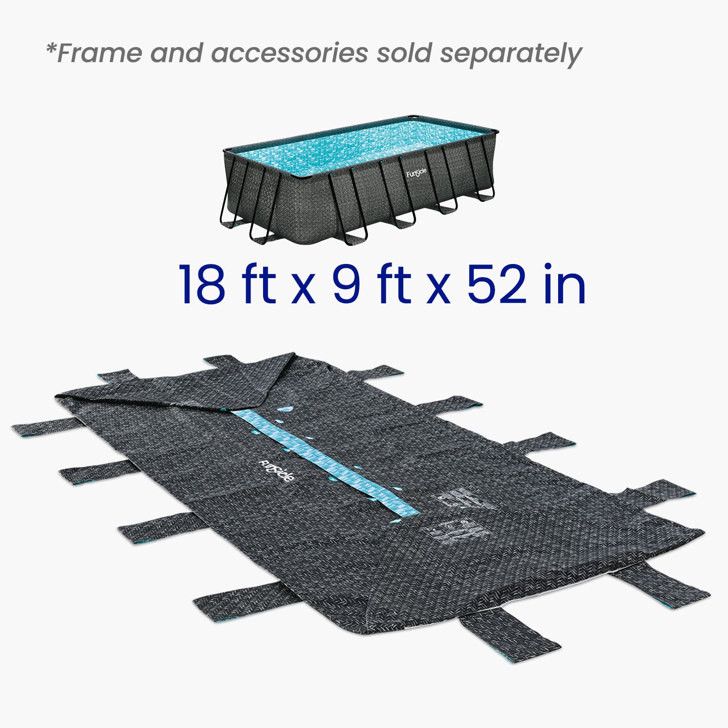 Rectangular above-ground pool liner with dimensions and text indicating frame and accessories sold separately.
