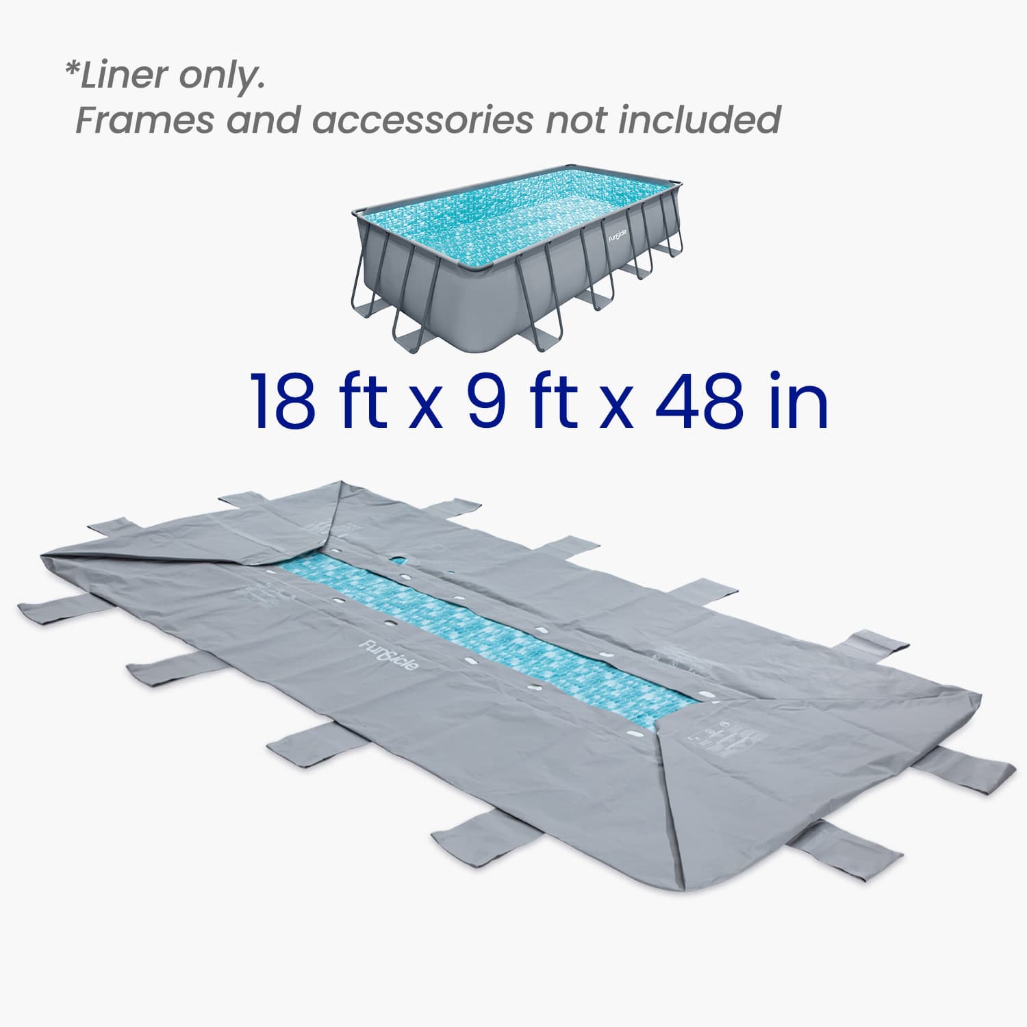 Rectangular frame pool liner with dimensions displayed on a white background