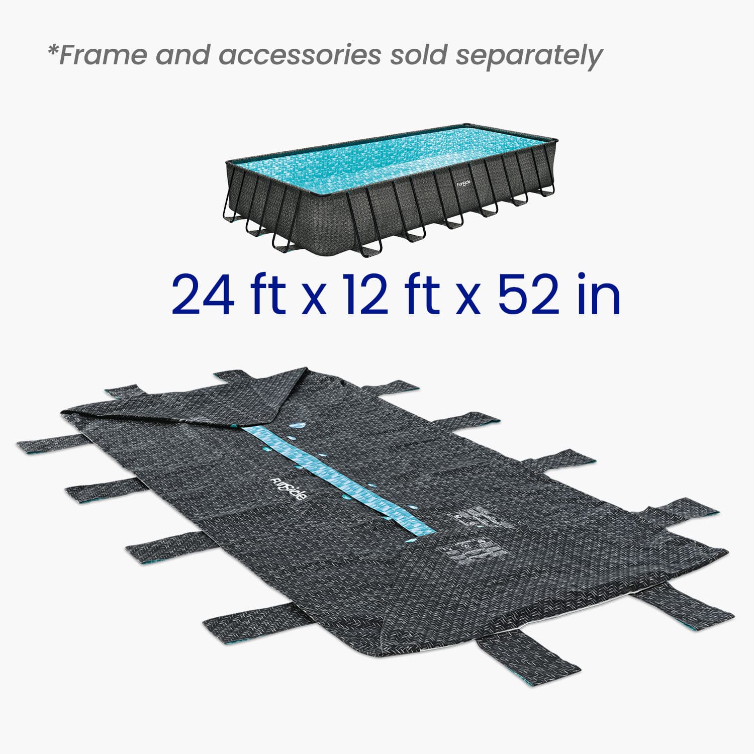 Pool liner with dimensions 24 ft x 12 ft x 52 in on a white background
