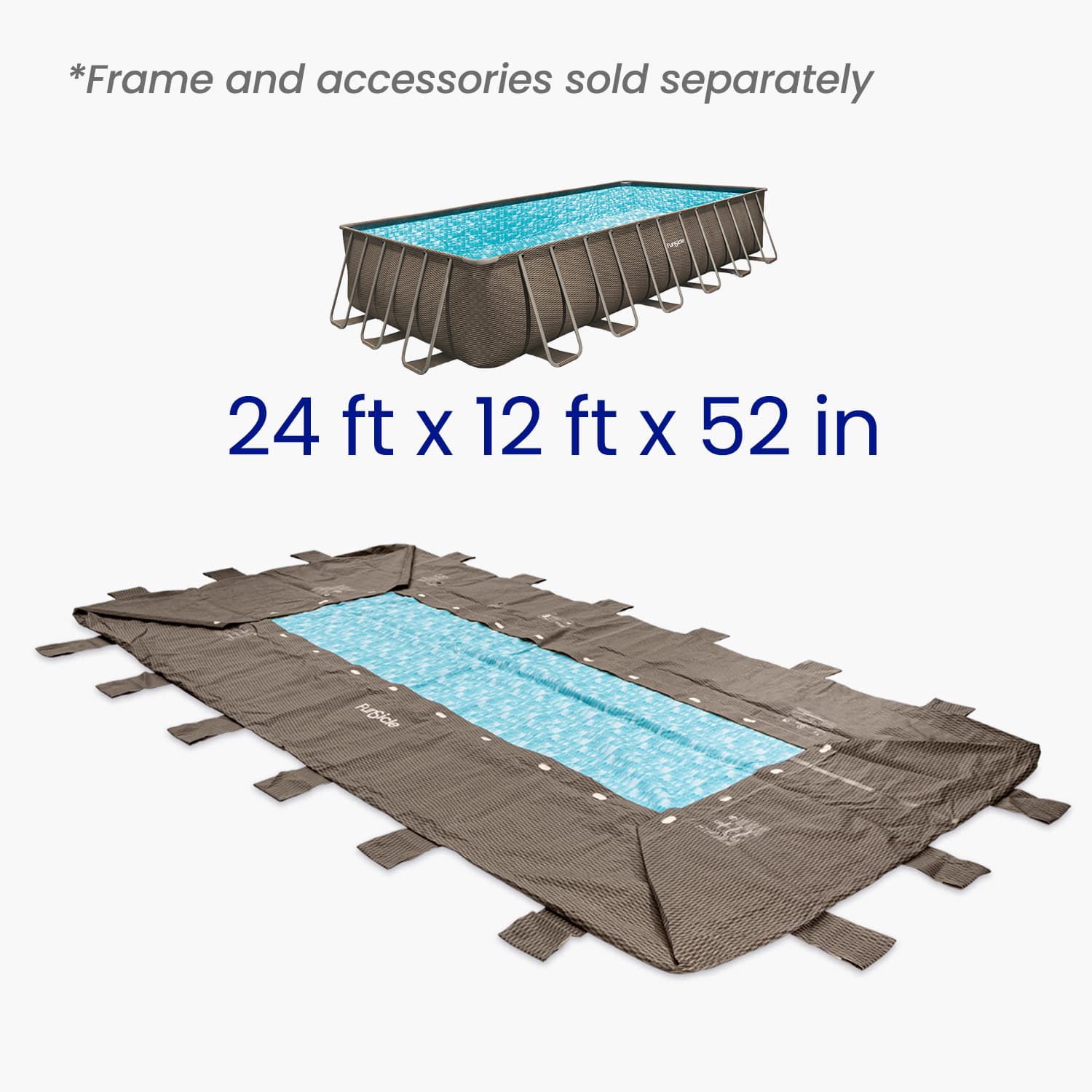 Rectangular pool liner with dimensions 24 ft x 12 ft x 52 in on a white background.