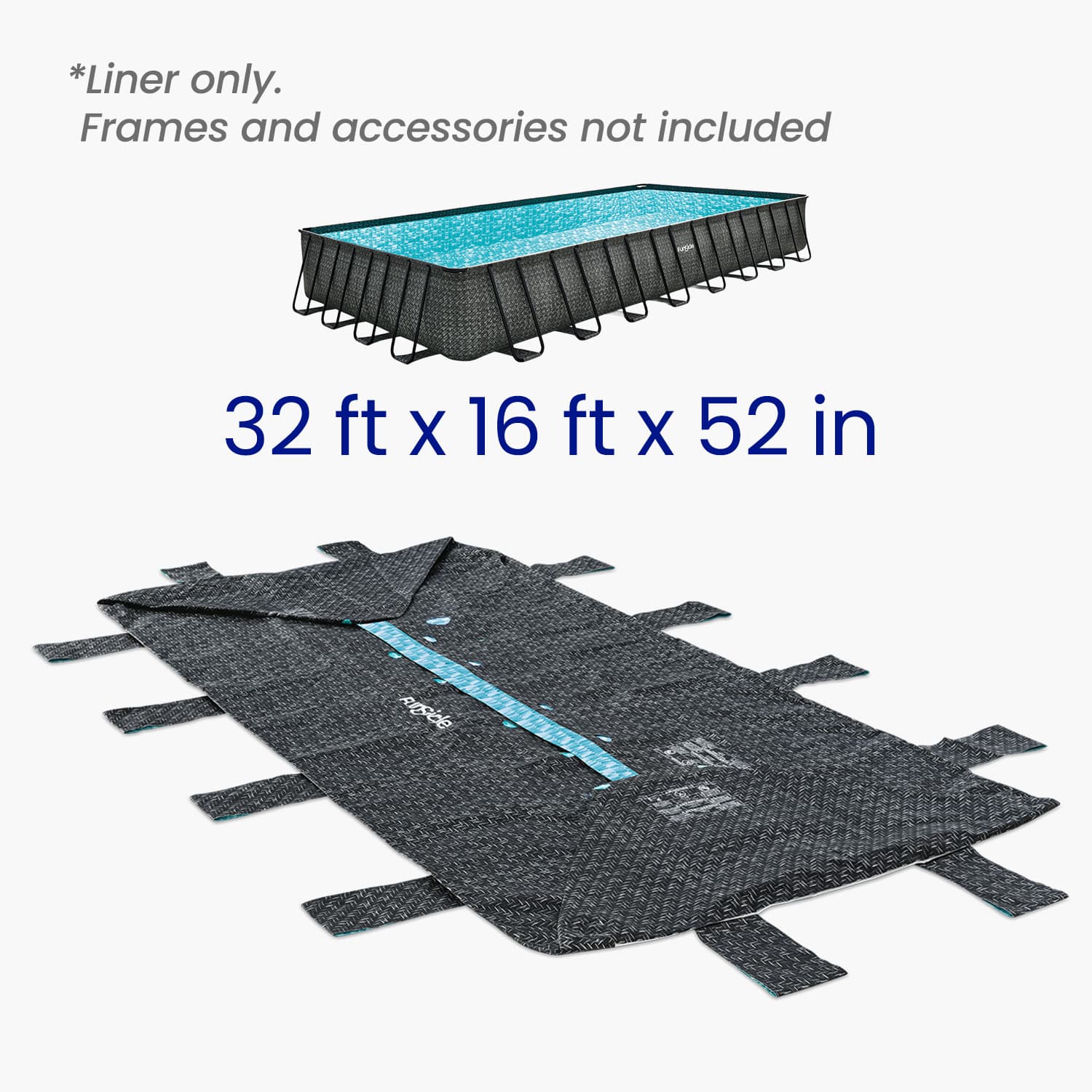 Pool liner with dimensions 32 ft x 16 ft x 52 in on a white background