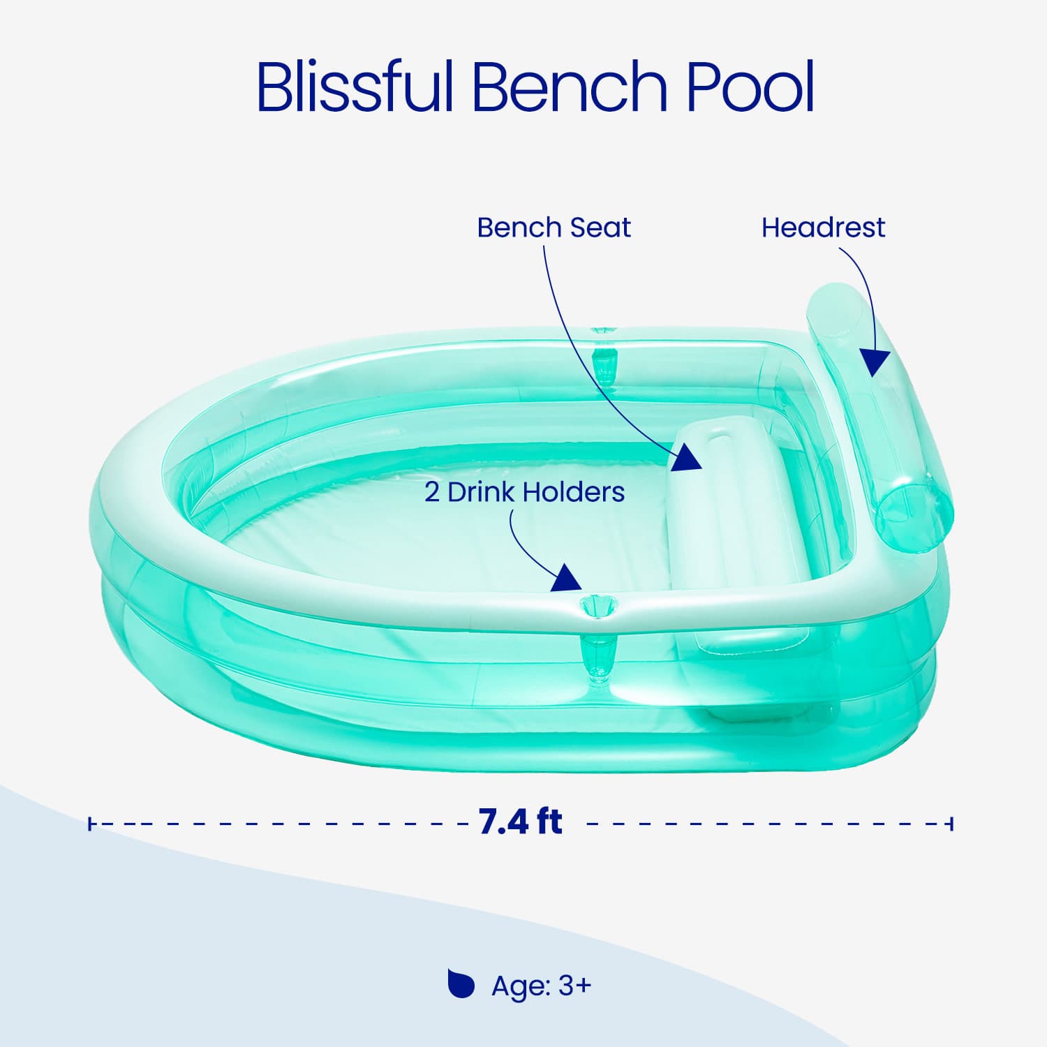 Inflatable pool with labeled bench seat, headrest, and drink holders on a white background.