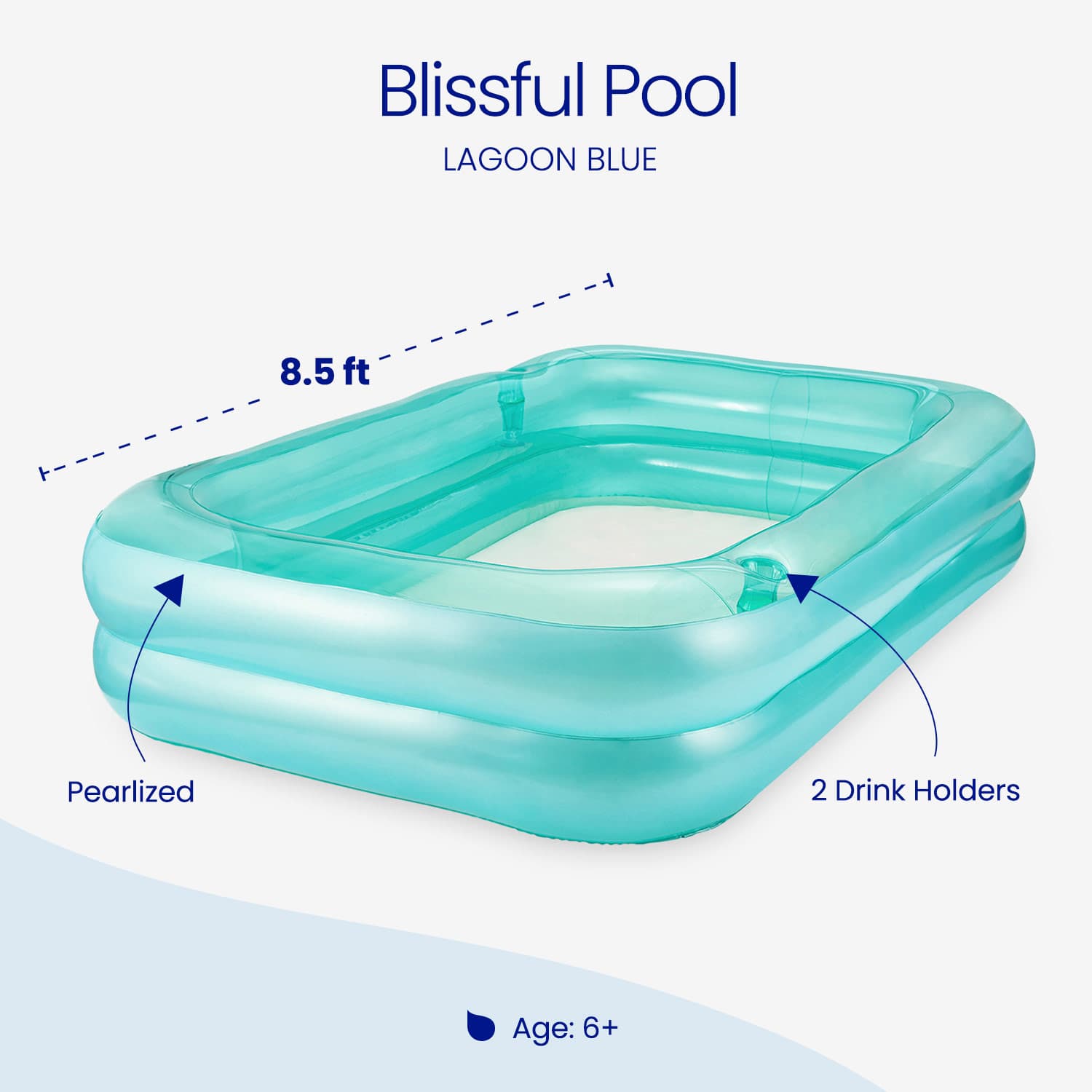 Inflatable pool with dimensions and features labeled on a white background