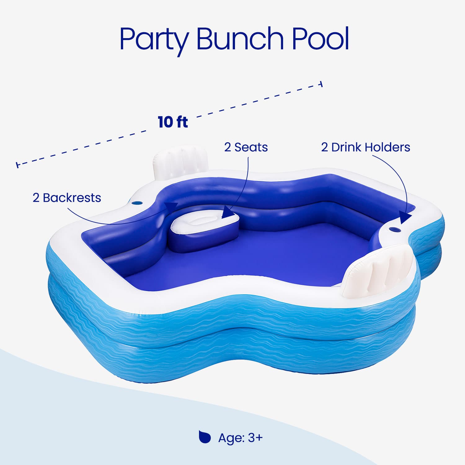 Inflatable pool with features labeled on a white background