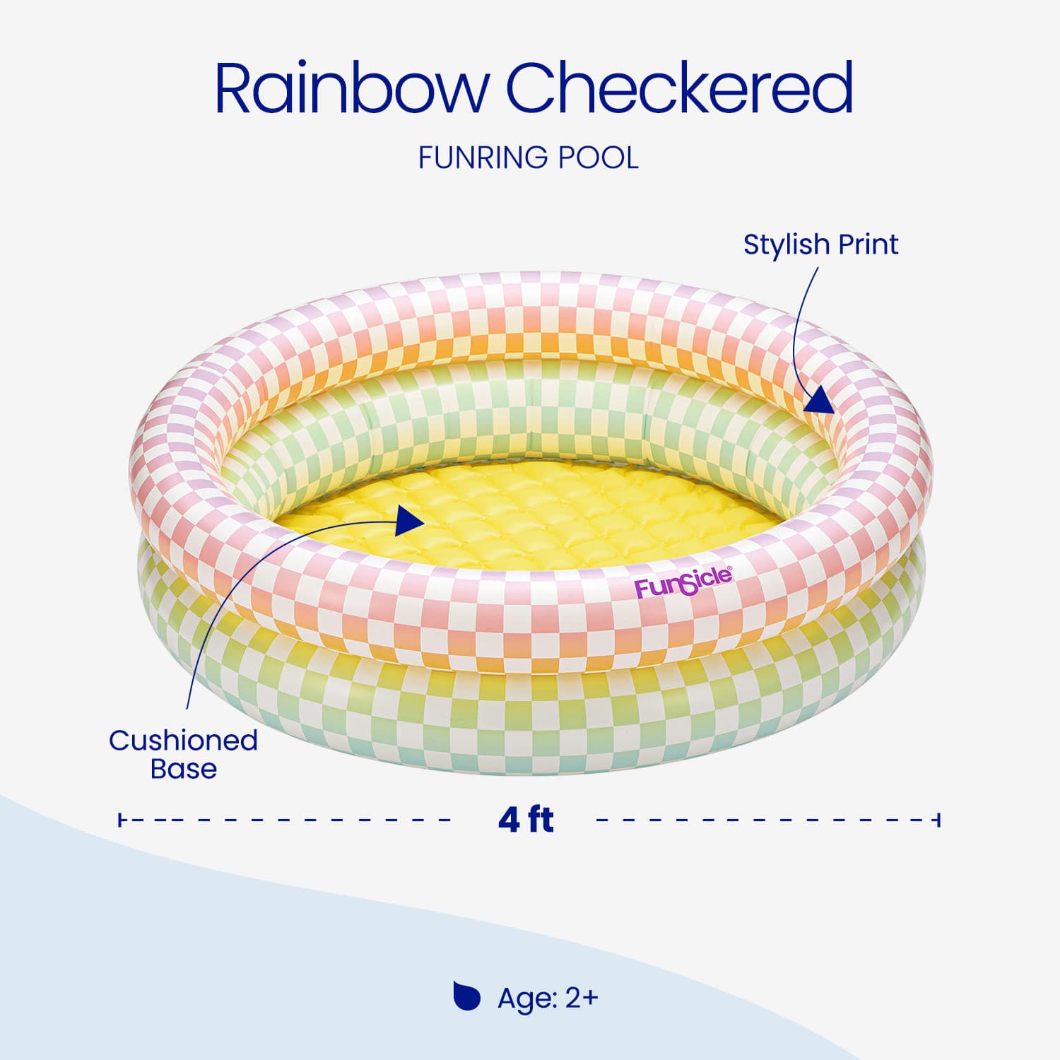 Inflatable pool with rainbow checkered design on a white background