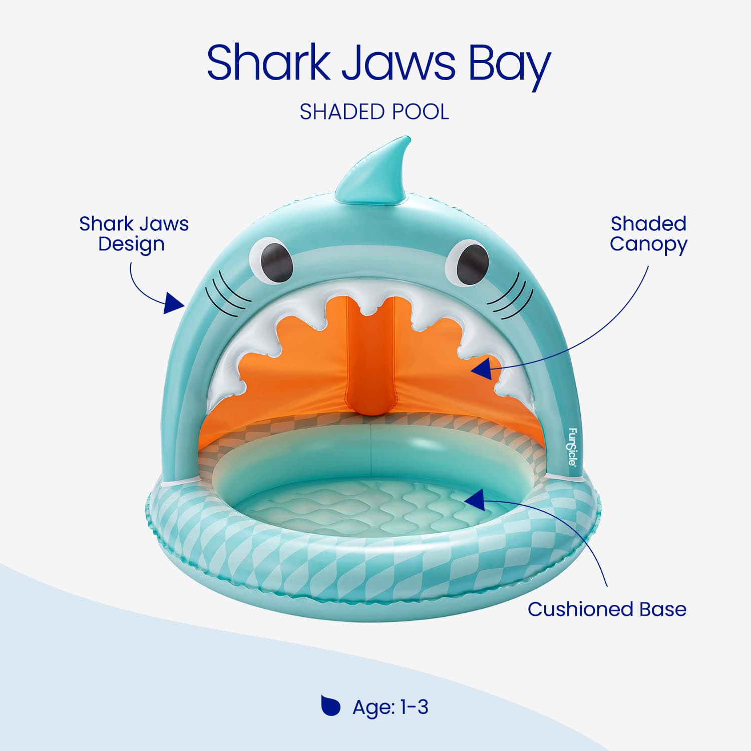 Inflatable shark-shaped pool with shaded canopy on a white background