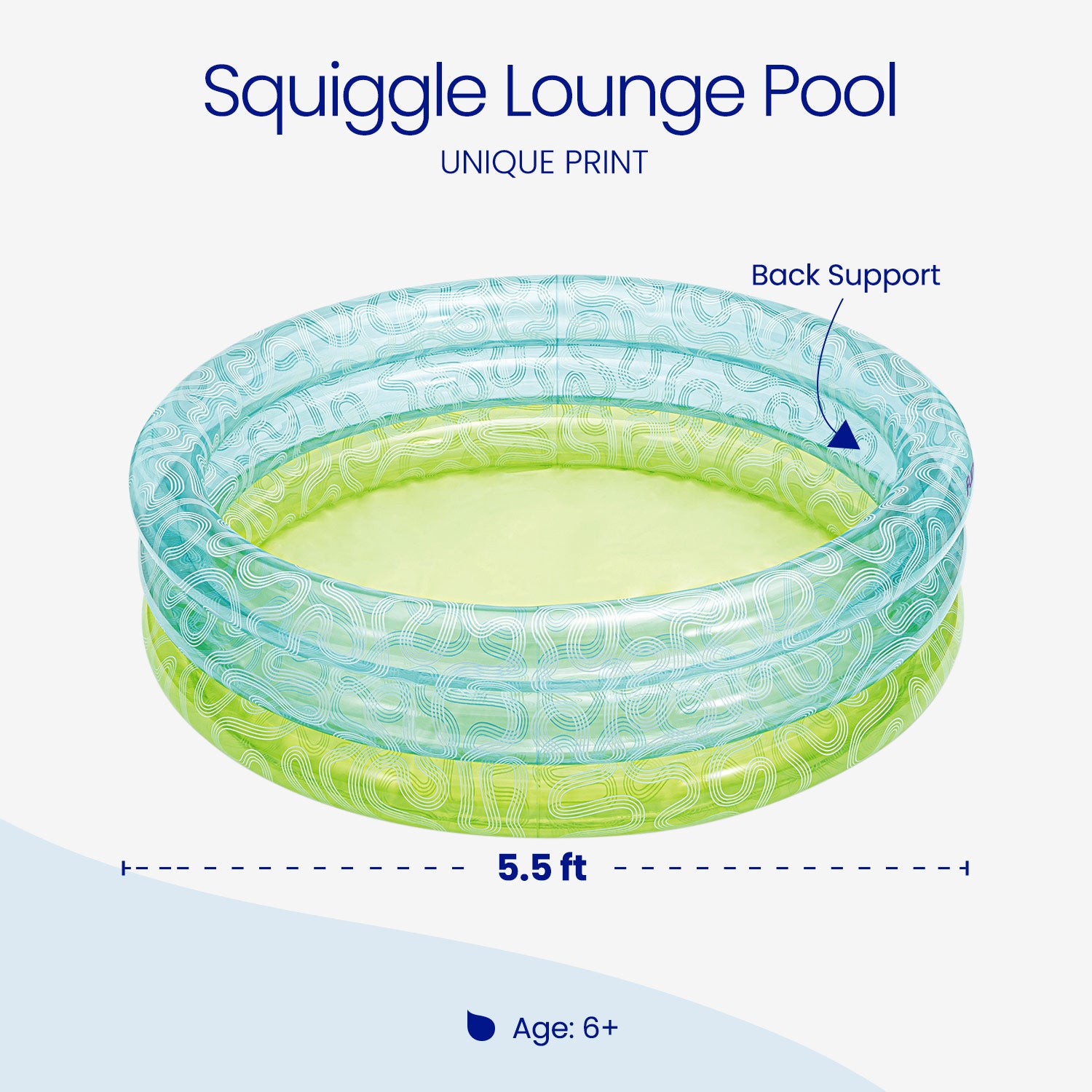 Inflatable pool with unique print and back support, labeled 'Squiggle Lounge Pool'.