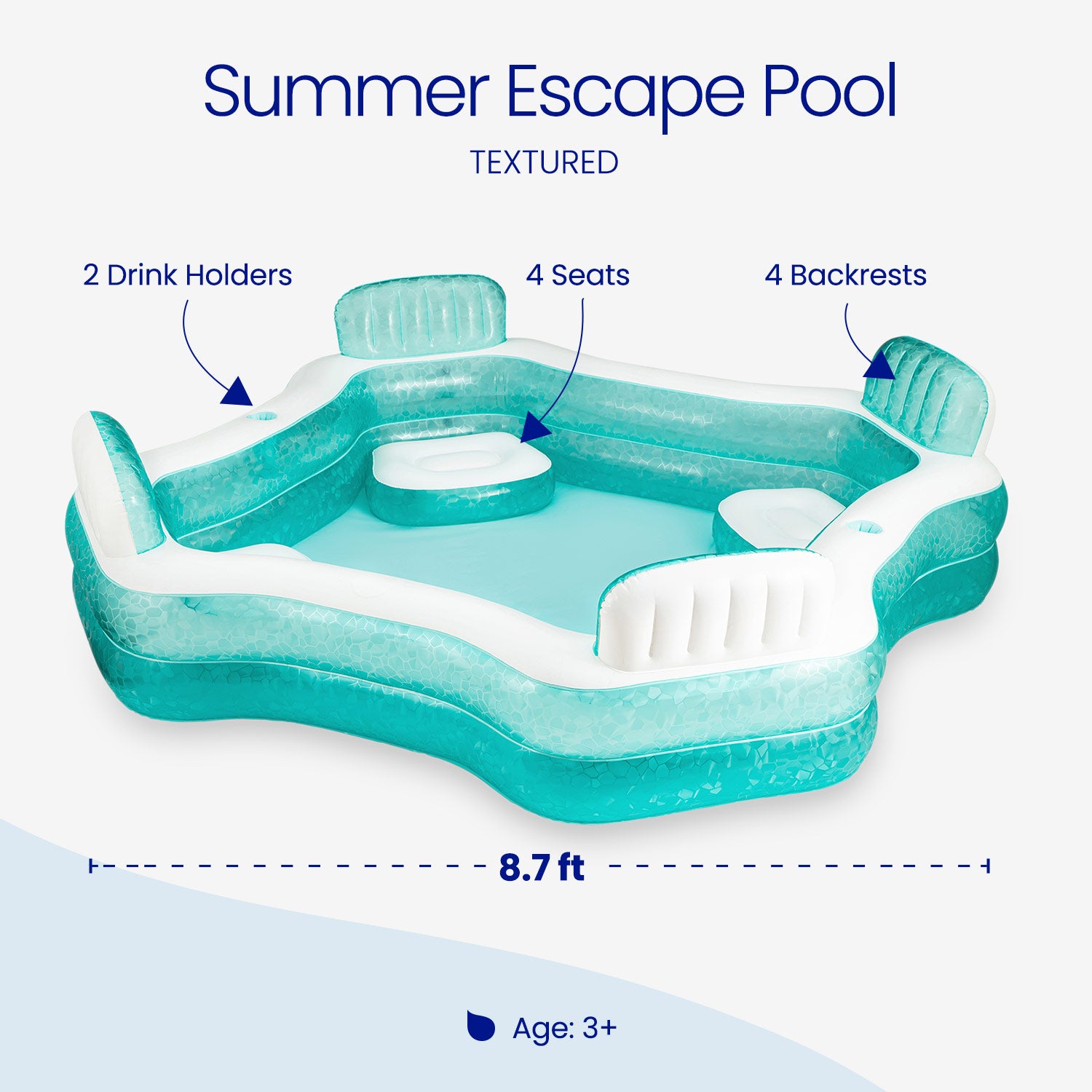 Inflatable pool with text highlighting features and dimensions on a white background