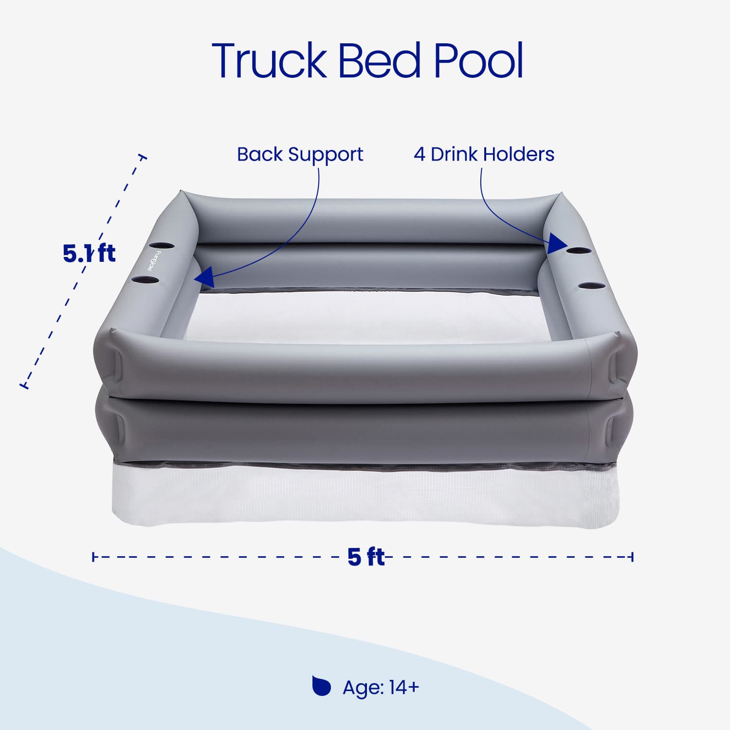 Inflatable truck bed pool with dimensions and features labeled on a white background