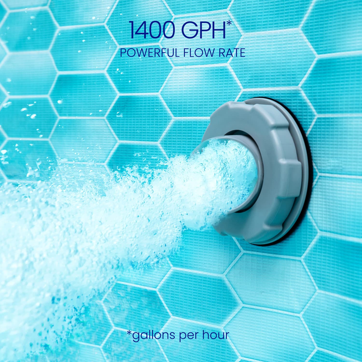 Pool filter with 1400 GPH flow rate on a blue tiled background