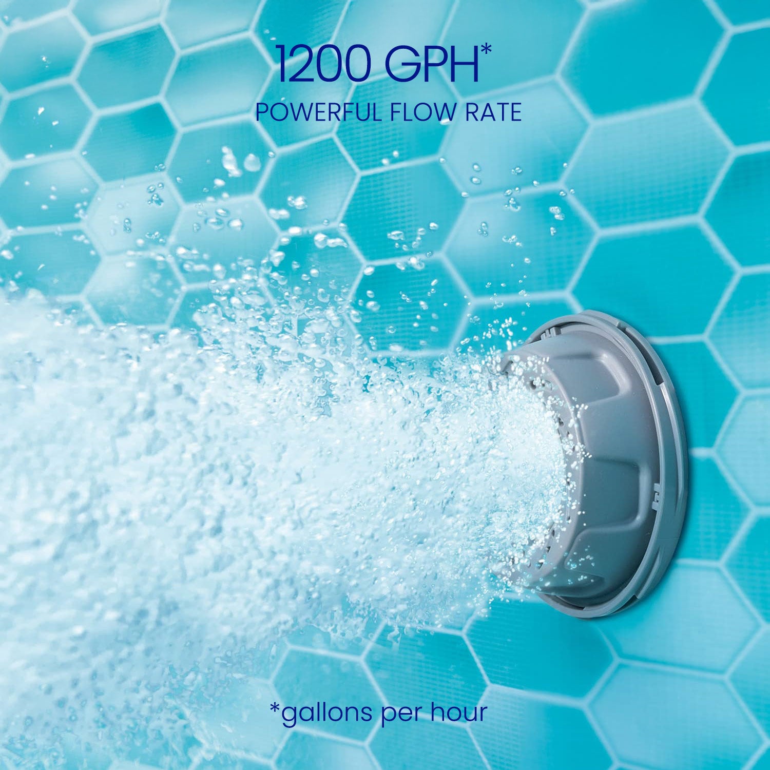 Pool filter with 1200 GPH flow rate on a blue tiled background