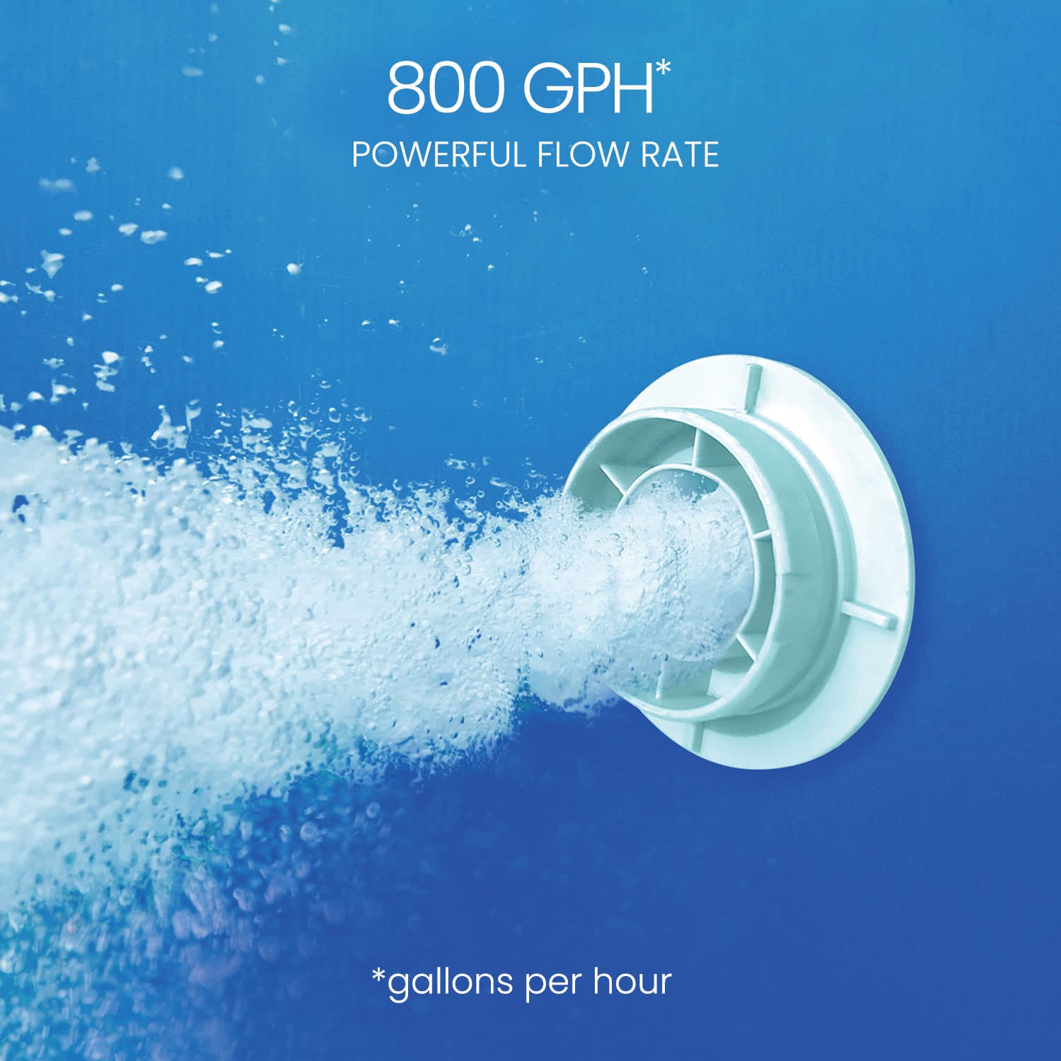 pool pump filter with 800 GPH flow rate on a blue background