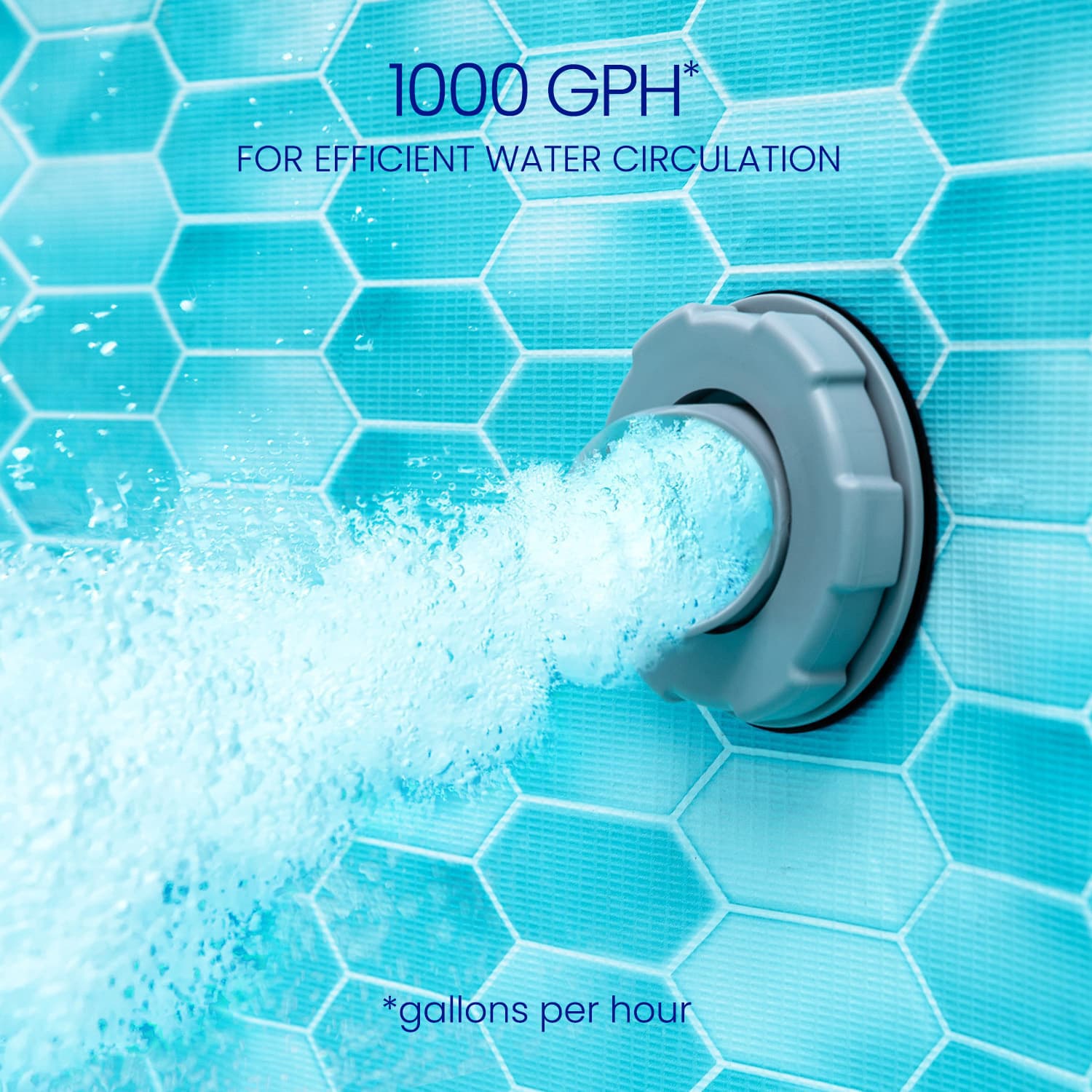 Pool filter with water circulation text on a blue tiled background