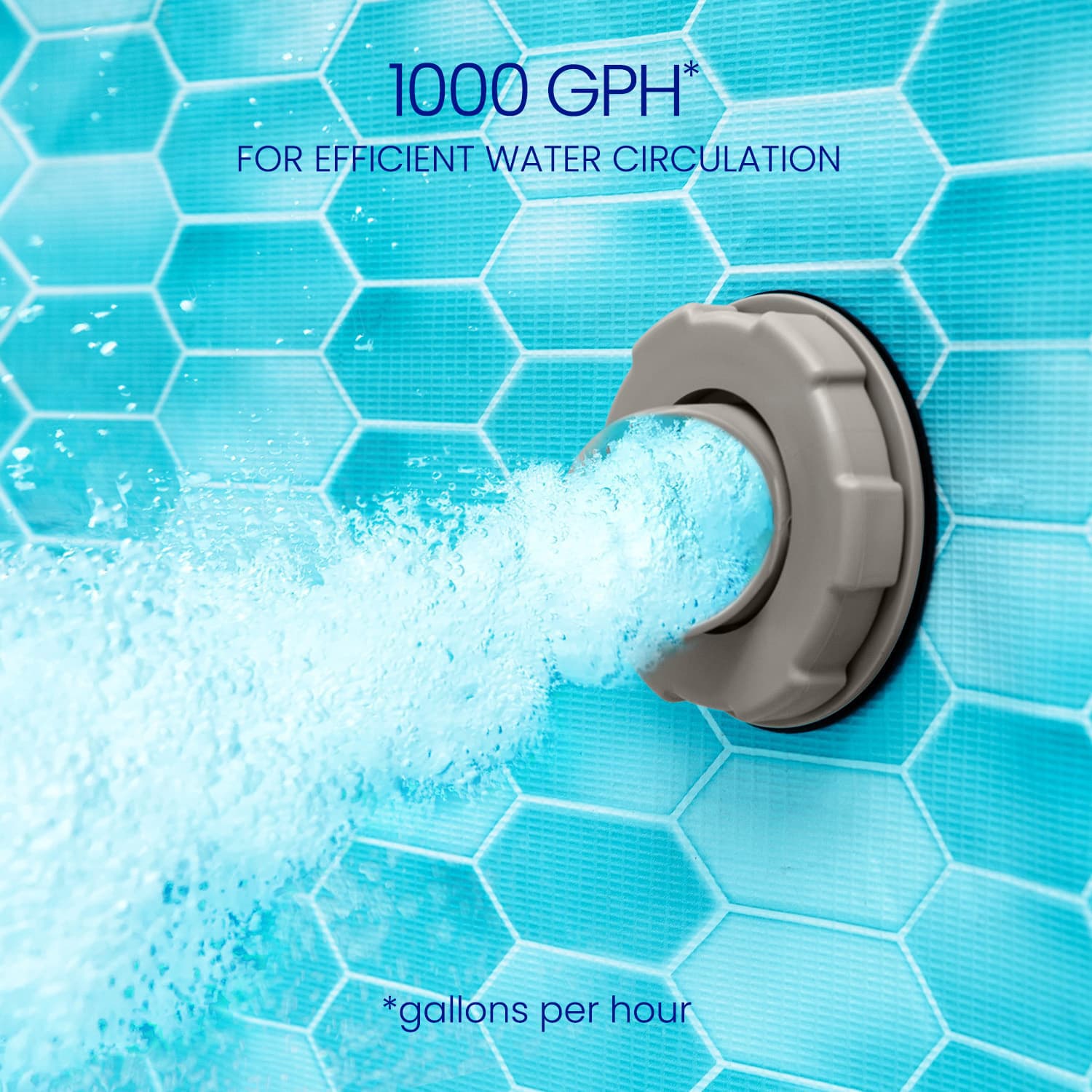 Pool filter with water circulation text on a blue hexagonal tile background