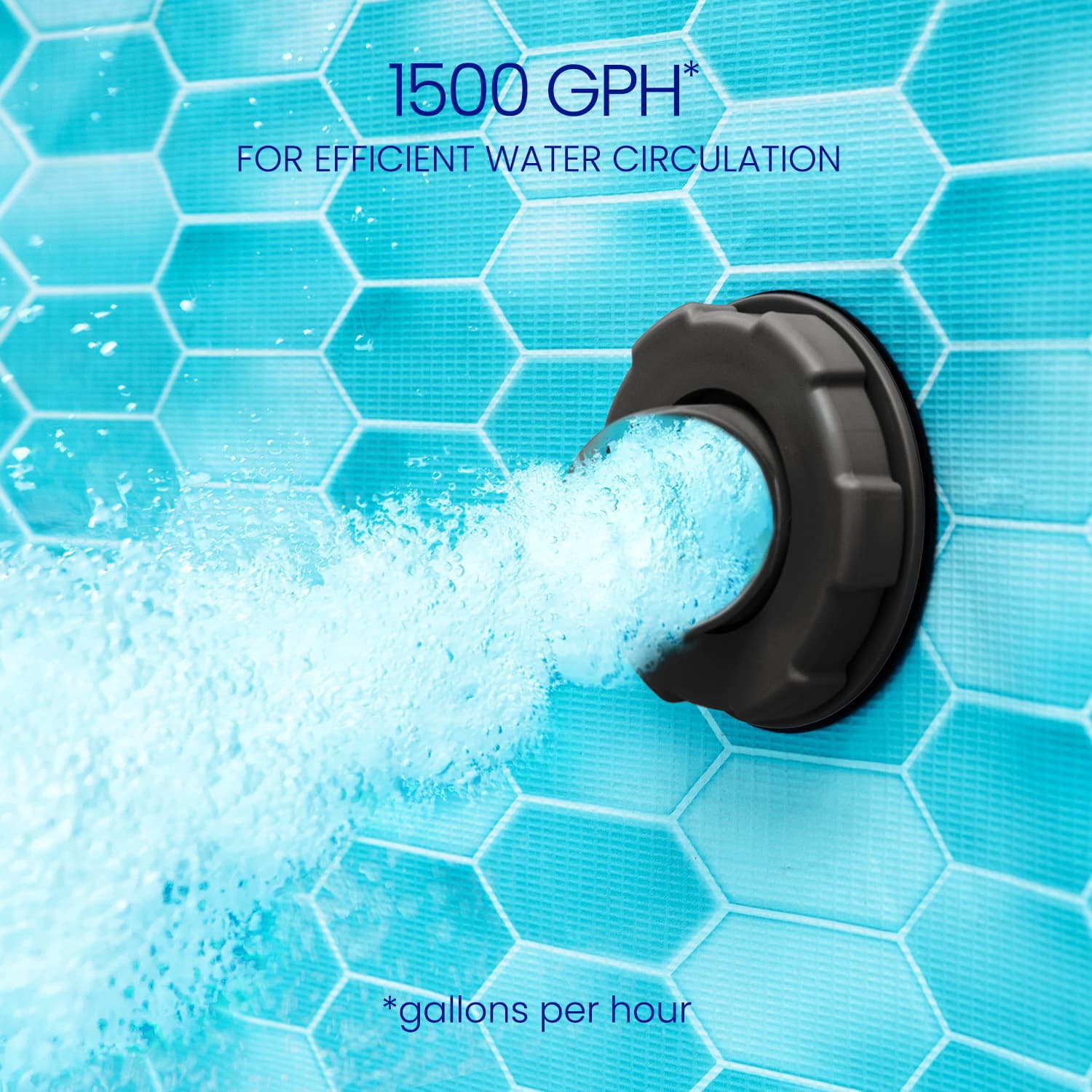 Black pump with water circulation text on a blue hexagonal tile background