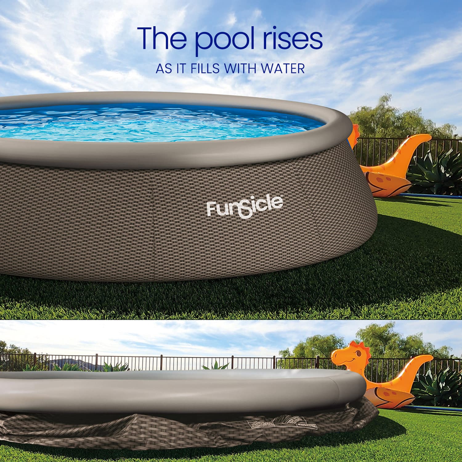Funsicle inflatable pool with water filling it up, set against a grassy outdoor background.