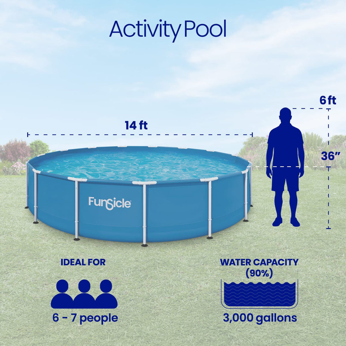 Funsicle pool with dimensions and capacity details on a grassy background