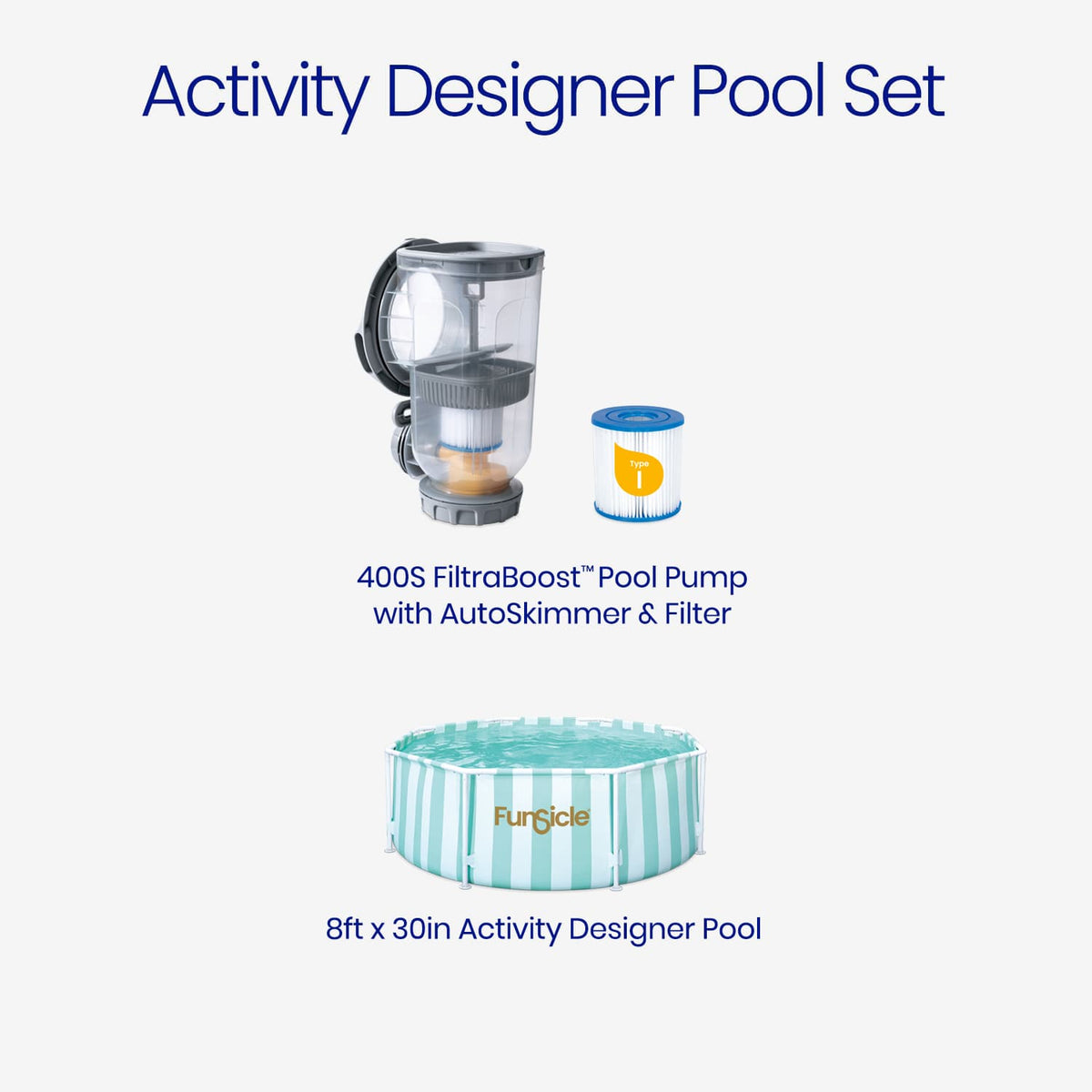 Funsicle Activity Designer Pool filled with water, featuring mint green and white striped sidewalls, white frame supports, a 30-inch height, and an attached FiltraBoost pool pump with AutoSkimmer.