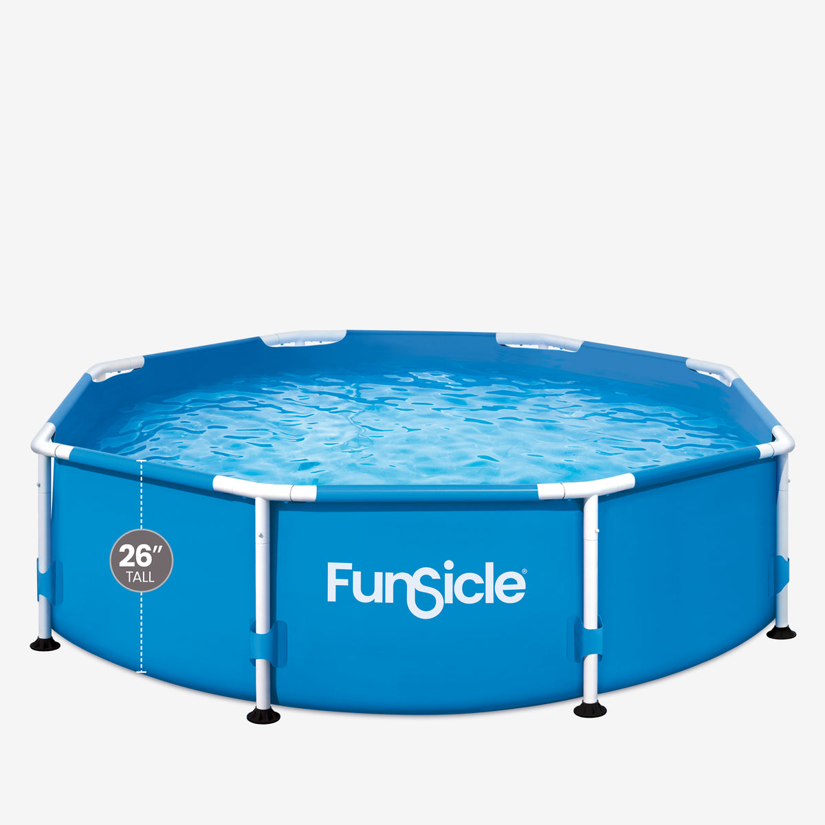 Blue Funsicle Activity Pool filled with water, featuring a round steel frame with white support poles, snap-in connectors, and 26-inch-tall sidewalls.