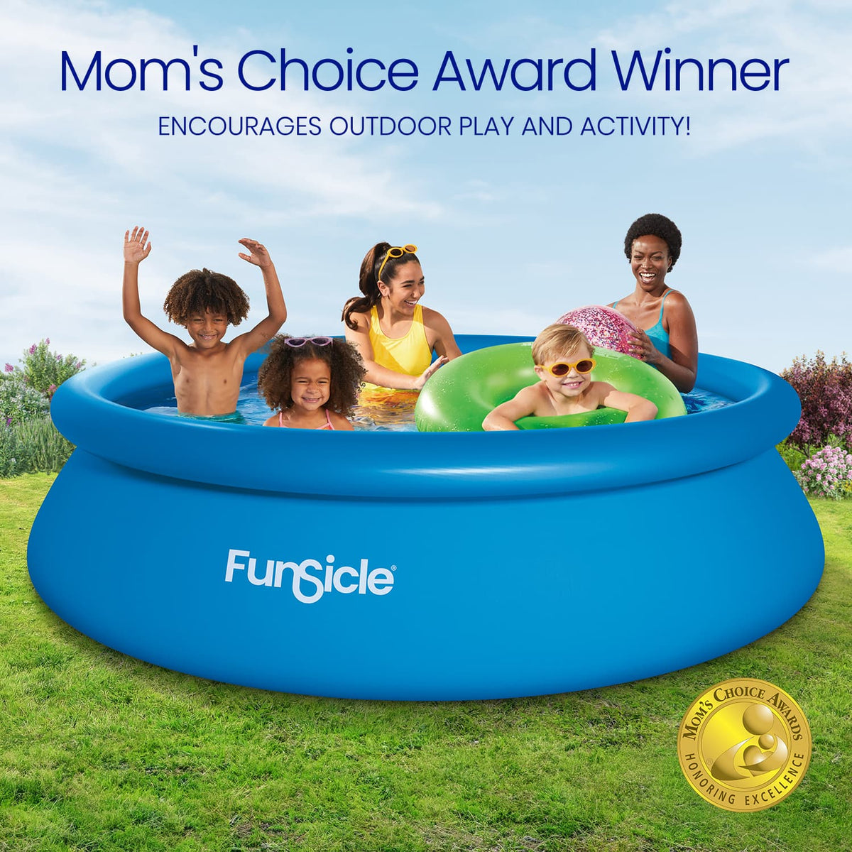 Five people enjoy outdoor water play in a blue Funsicle QuickSet Pool with colorful inflatable toys. The image highlights the Mom’s Choice Award and encourages outdoor play and activity.
