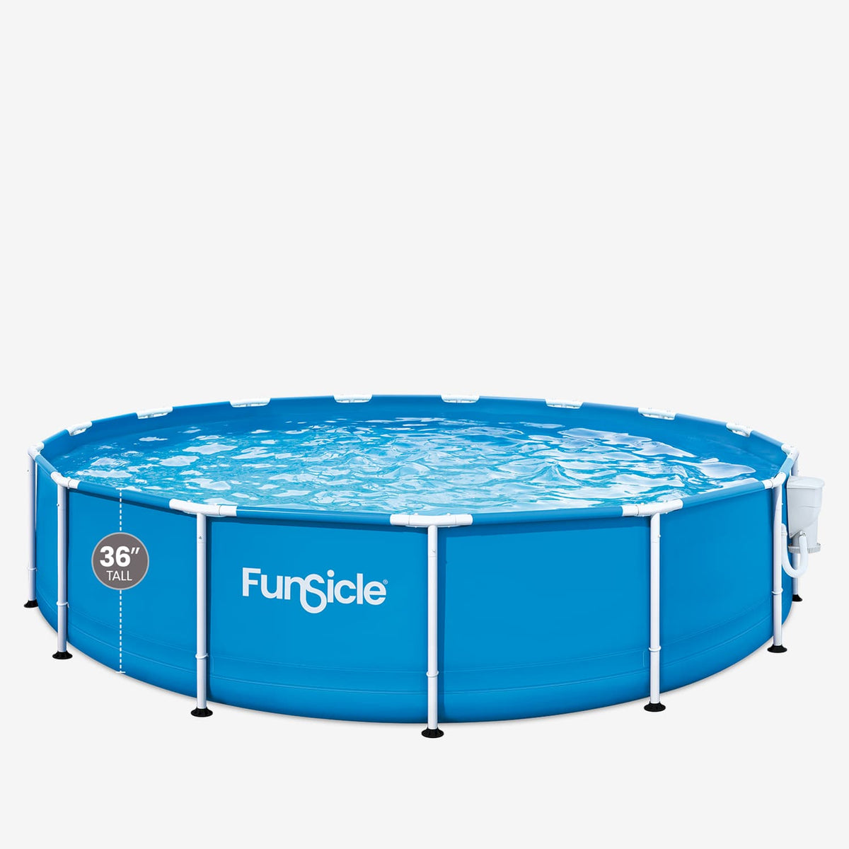 Blue Funsicle Activity Pool filled with water, featuring white frame supports, 36-inch-tall sidewalls, and an attached SkimmerPlus filter pump.