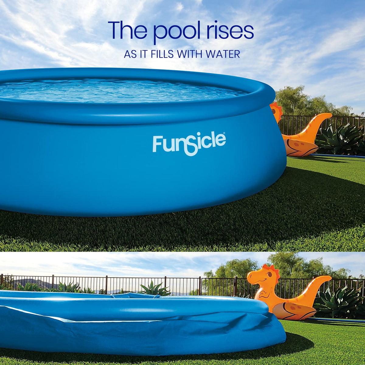 Two images showing a blue Funsicle QuickSet Pool before and after filling with water, demonstrating how the inflatable top ring rises and the pool walls take shape as the water level increases.