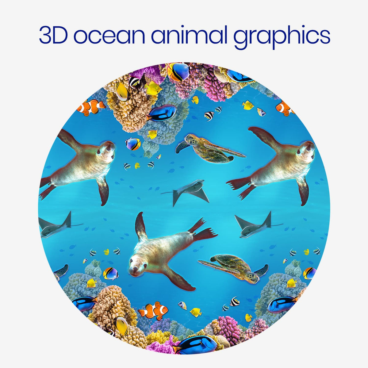 Colorful 3D underwater ocean graphics featuring playful sea lions, sea turtles, stingrays, tropical fish, and vibrant coral reefs against a bright blue ocean background.