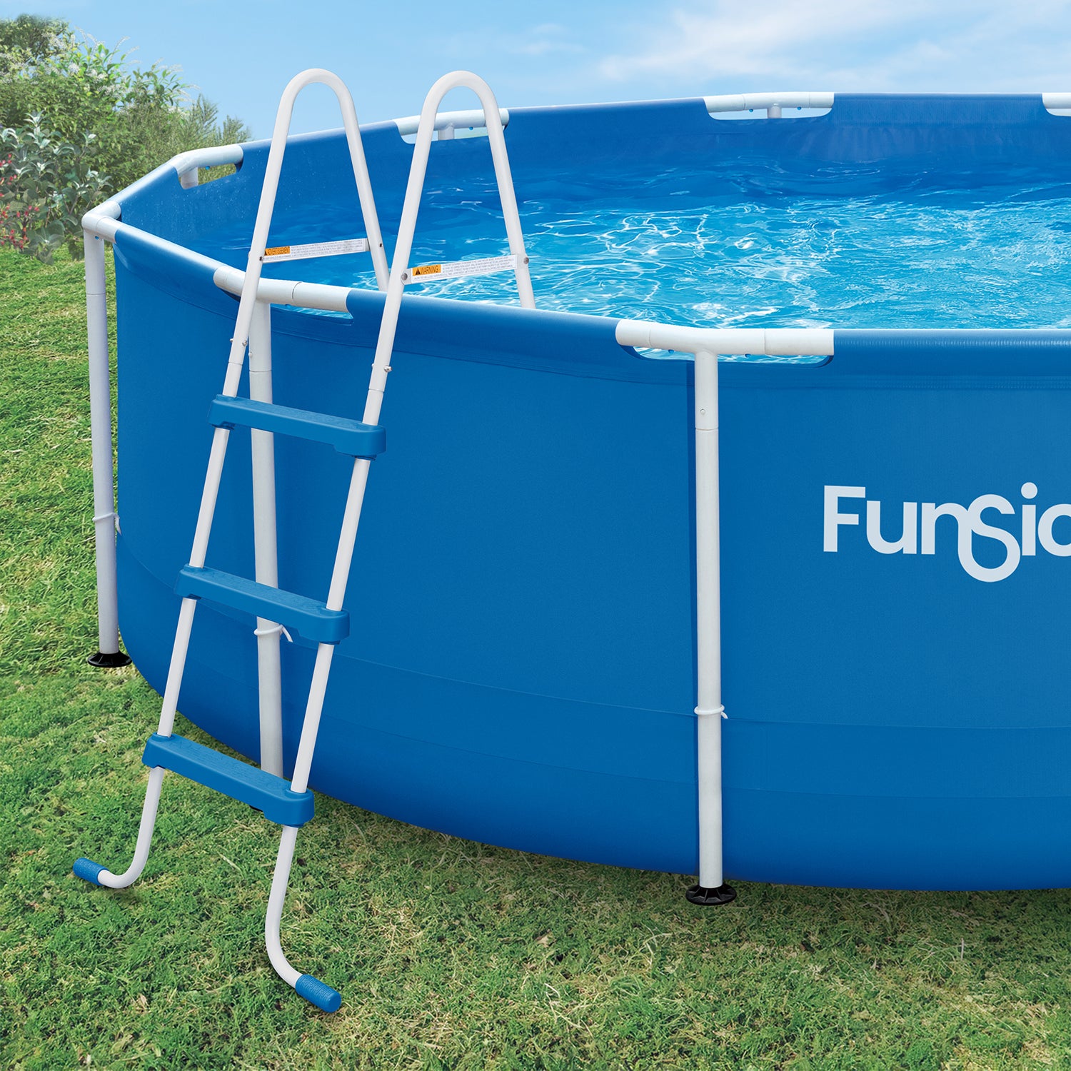 Blue above-ground pool with a ladder on a grassy area