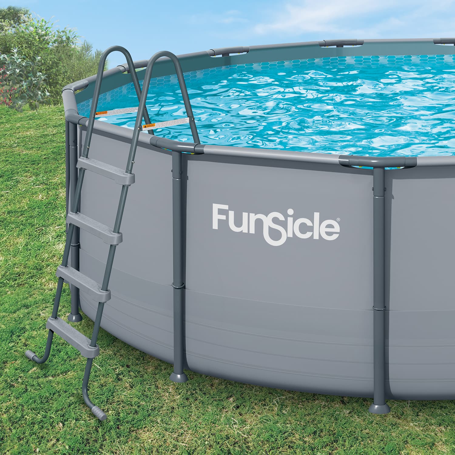 Funsicle above-ground pool with ladder on grass