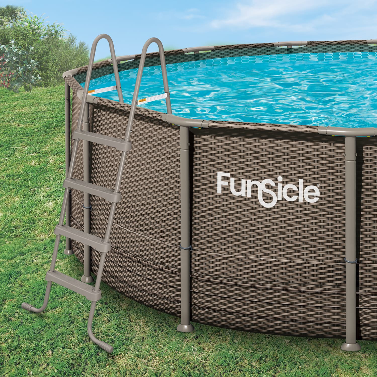 Funsicle pool with wicker-like exterior and ladder on grass