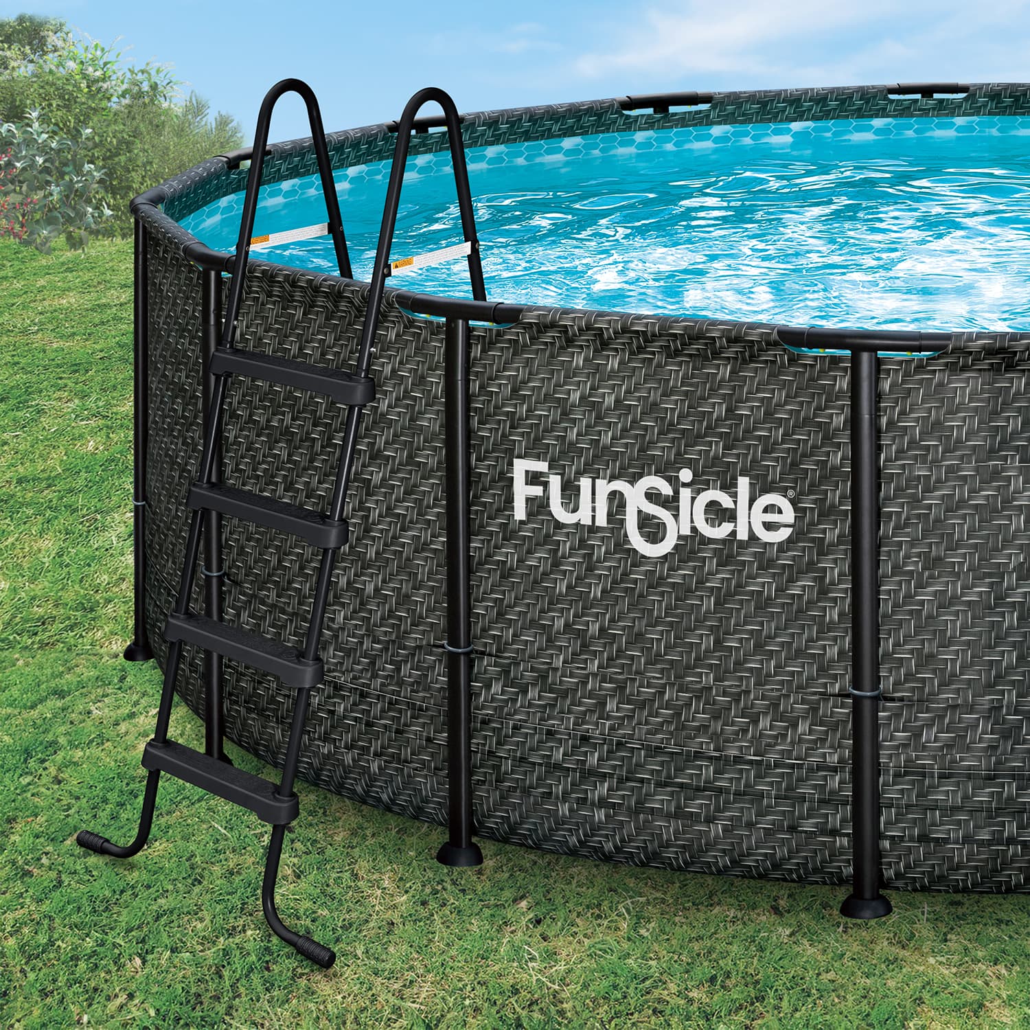 Framed above-ground pool with ladder on grassy area