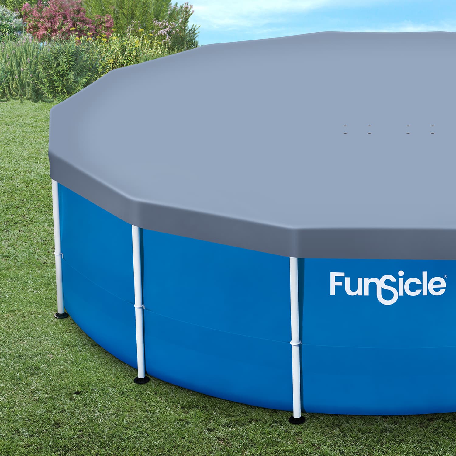 Blue above-ground pool with gray cover on grass, 'Funsicle' brand visible