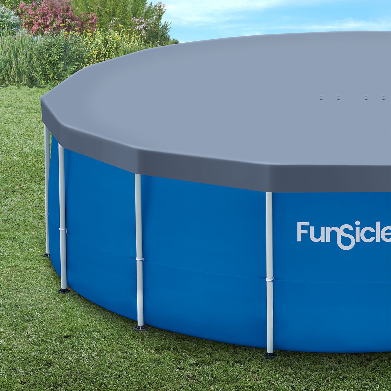 Blue above-ground pool with a gray cover on grass, featuring the Funsicle brand.