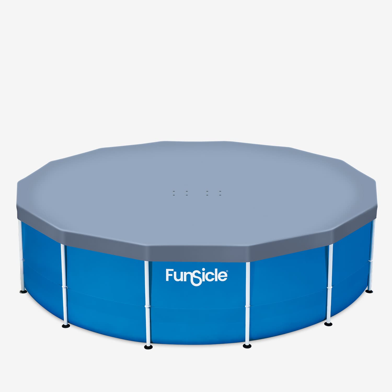 Blue above-ground pool with gray cover on a white background