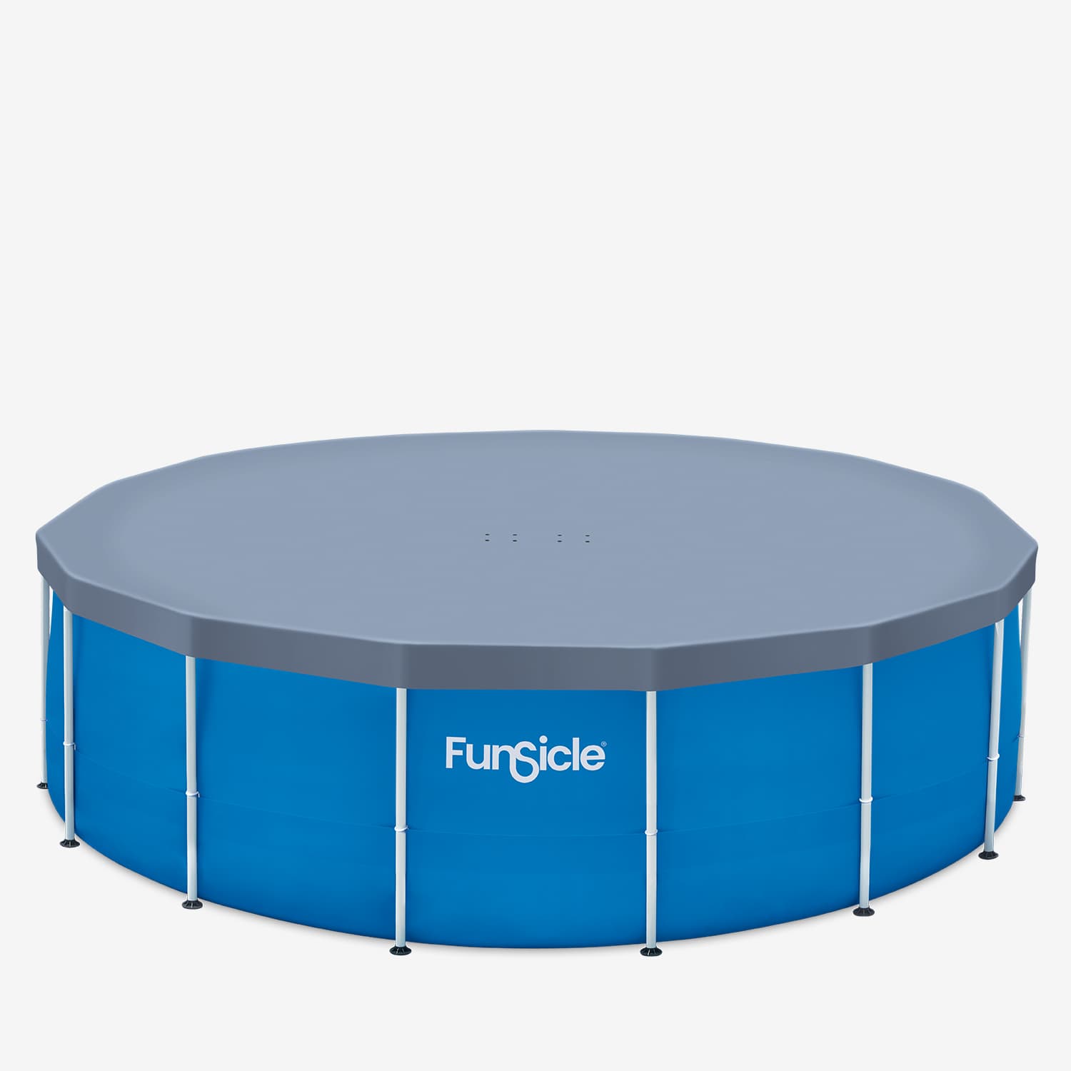 Blue above-ground pool with gray cover on a white background