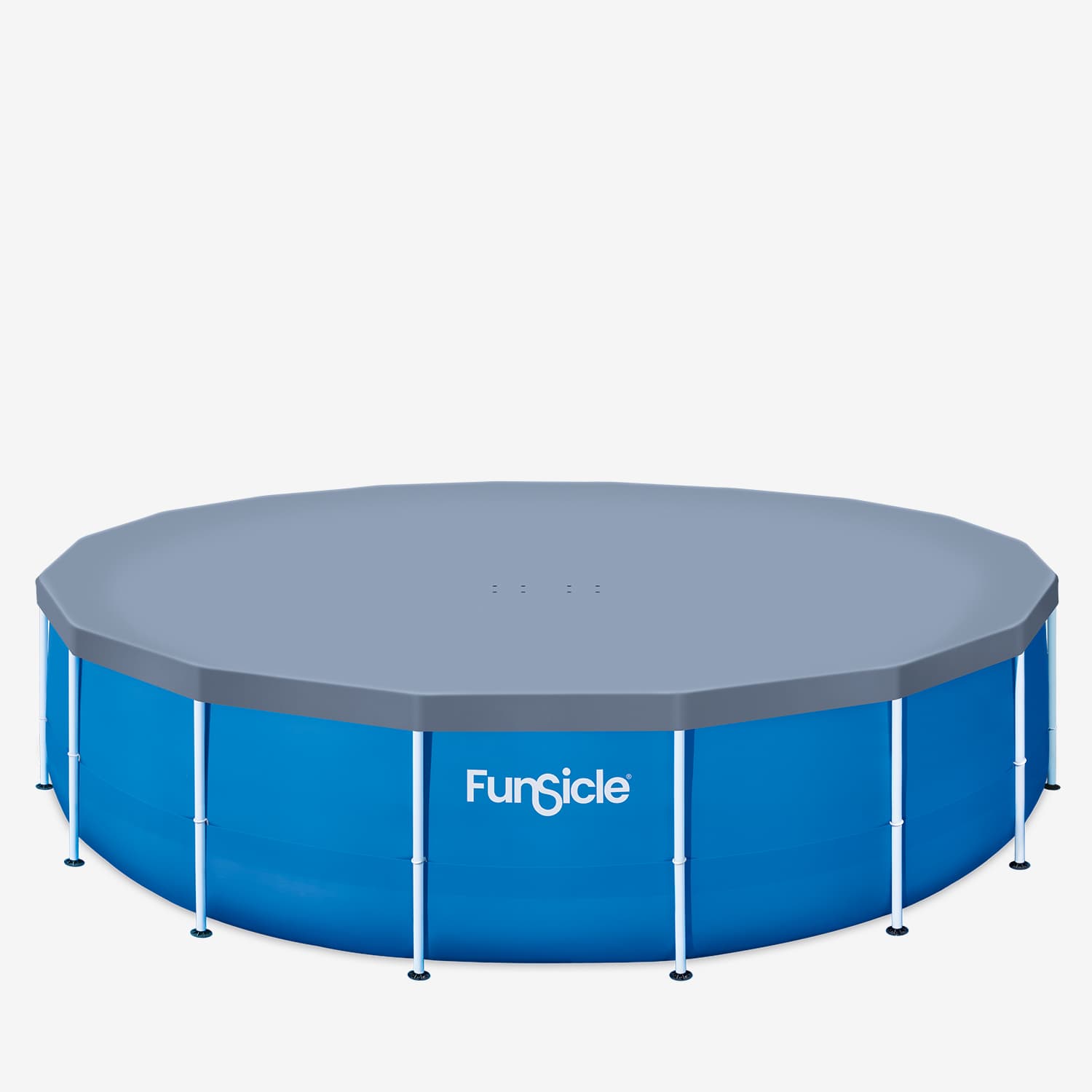 Blue above-ground pool with a gray cover on a white background