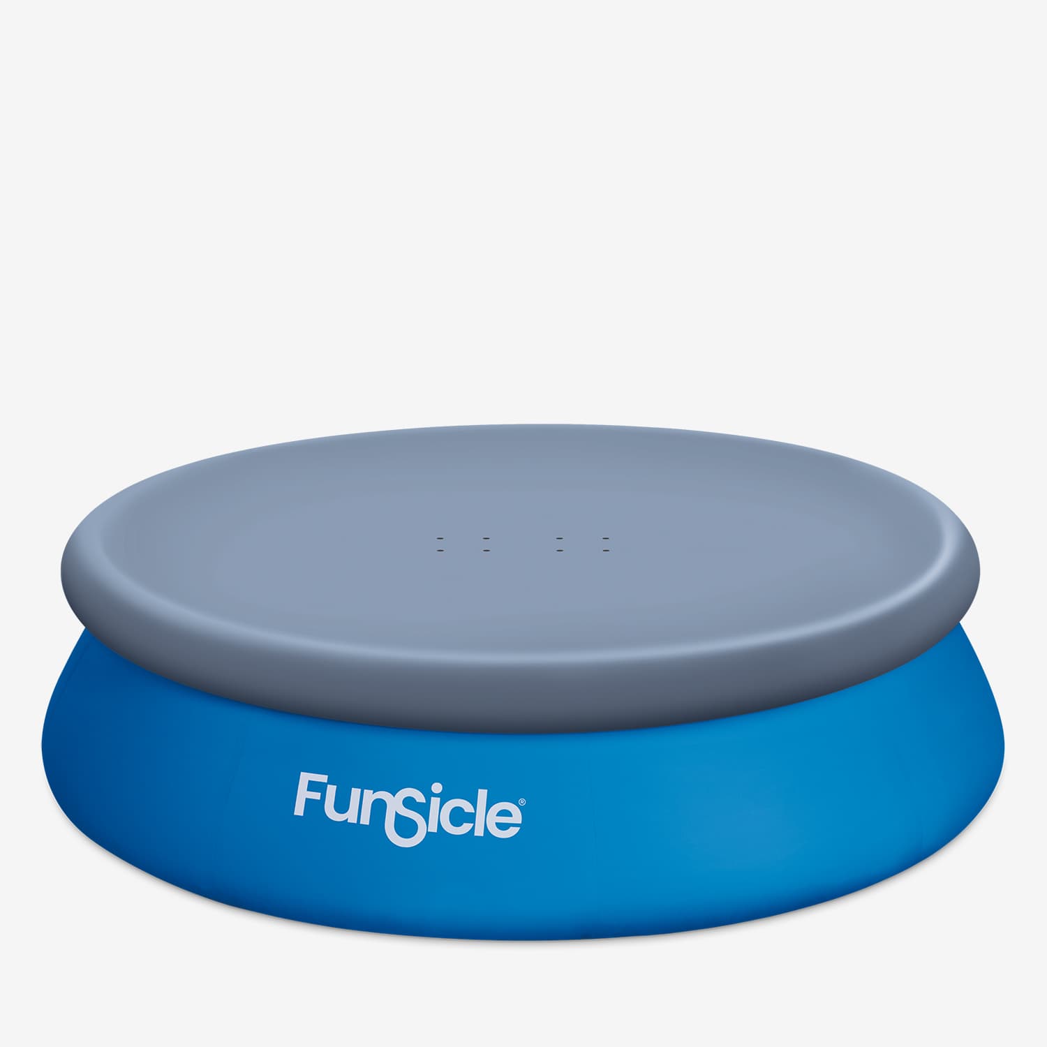 Blue 'Funsicle' pool with gray cover on a white background