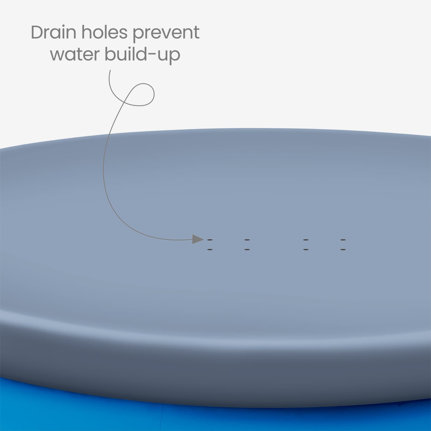 Gray pool cover close upwith drain holes labeled on a white background