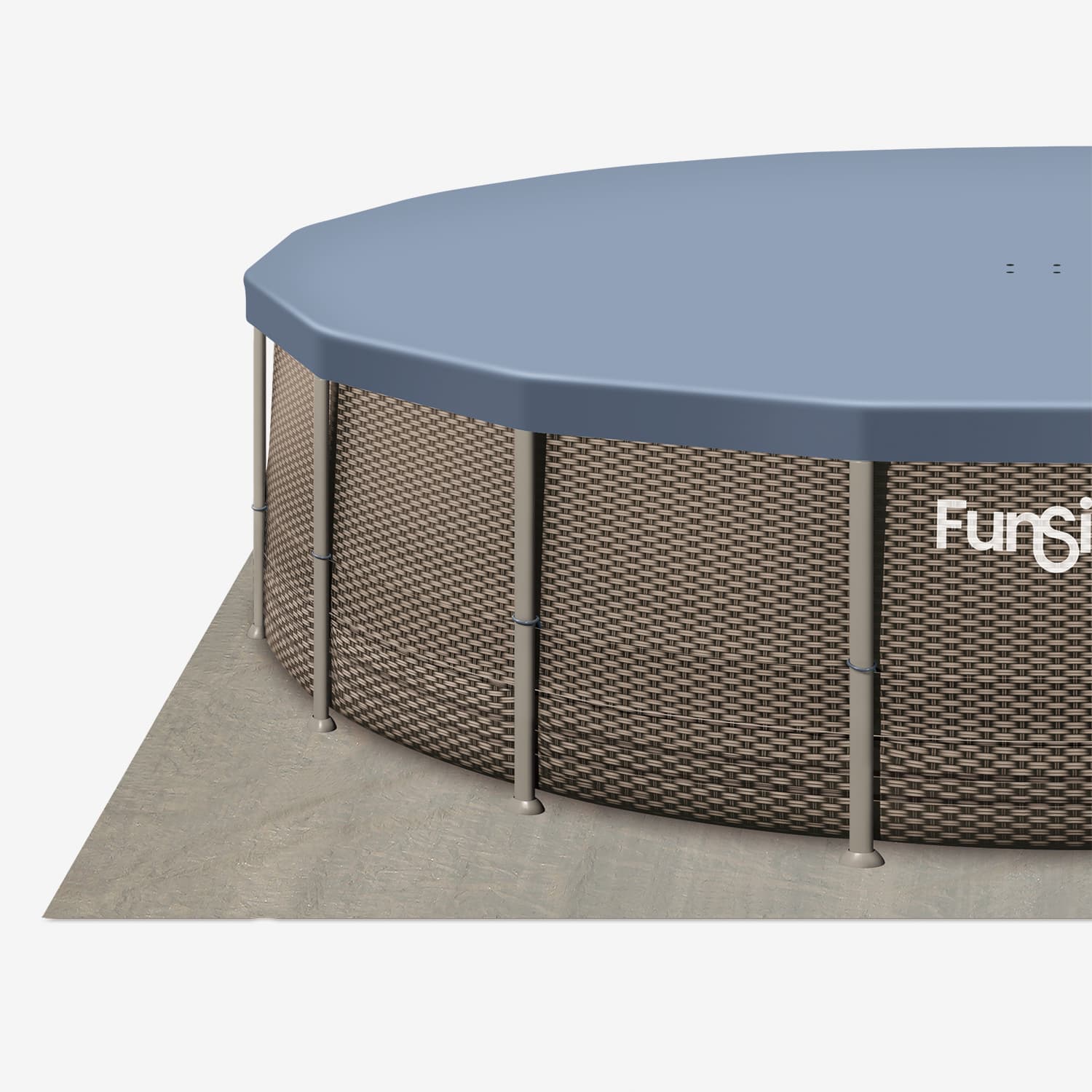 Round above-ground pool with wicker-like side and gray cover on a white background