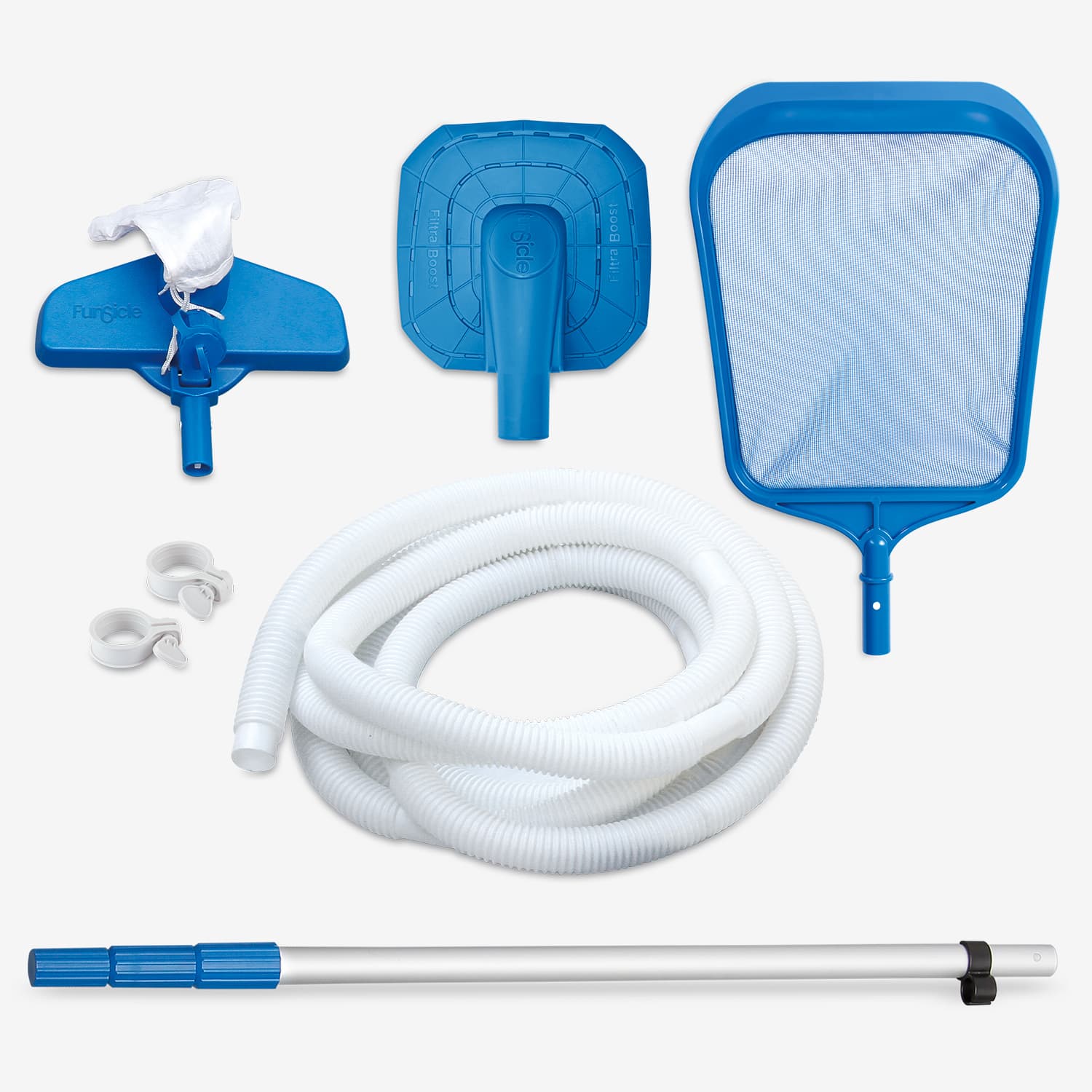 Pool cleaning tools including a blue net, white hose, and other accessories on a white background