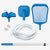 Pool cleaning tools including a blue net, white hose, and other accessories on a white background