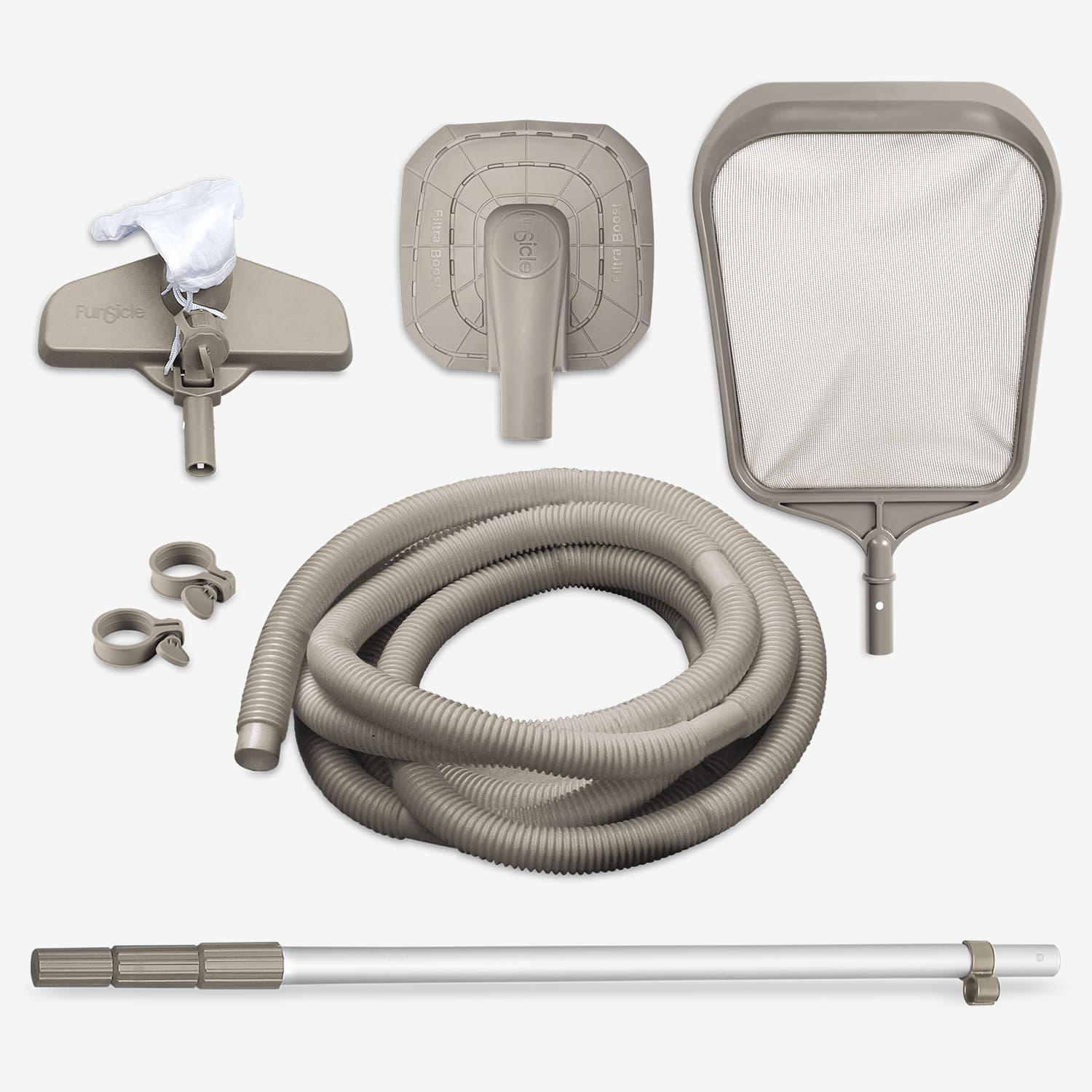 Pool cleaning equipment set including a vacuum hose, leaf skimmer, and cleaning tool on a white background.