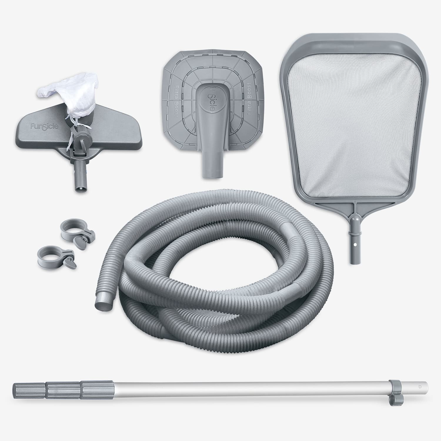 Pool cleaning tool set including a vacuum hose, leaf skimmer, and other components on a white background.