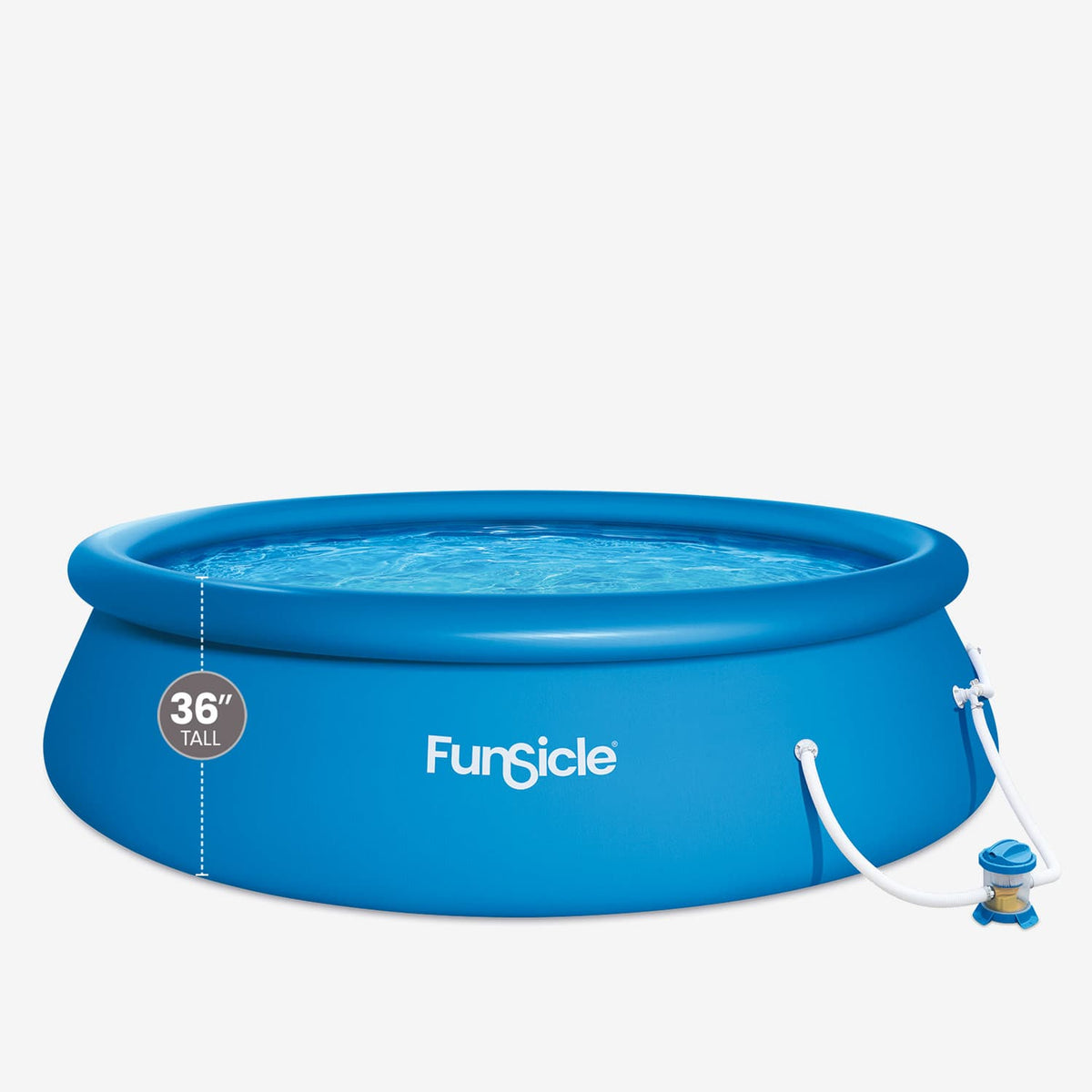 Blue Funsicle QuickSet Pool filled with water, featuring an inflatable top ring, 36-inch-tall sidewalls, and an external FiltraBoost filter pump connected by white hoses.