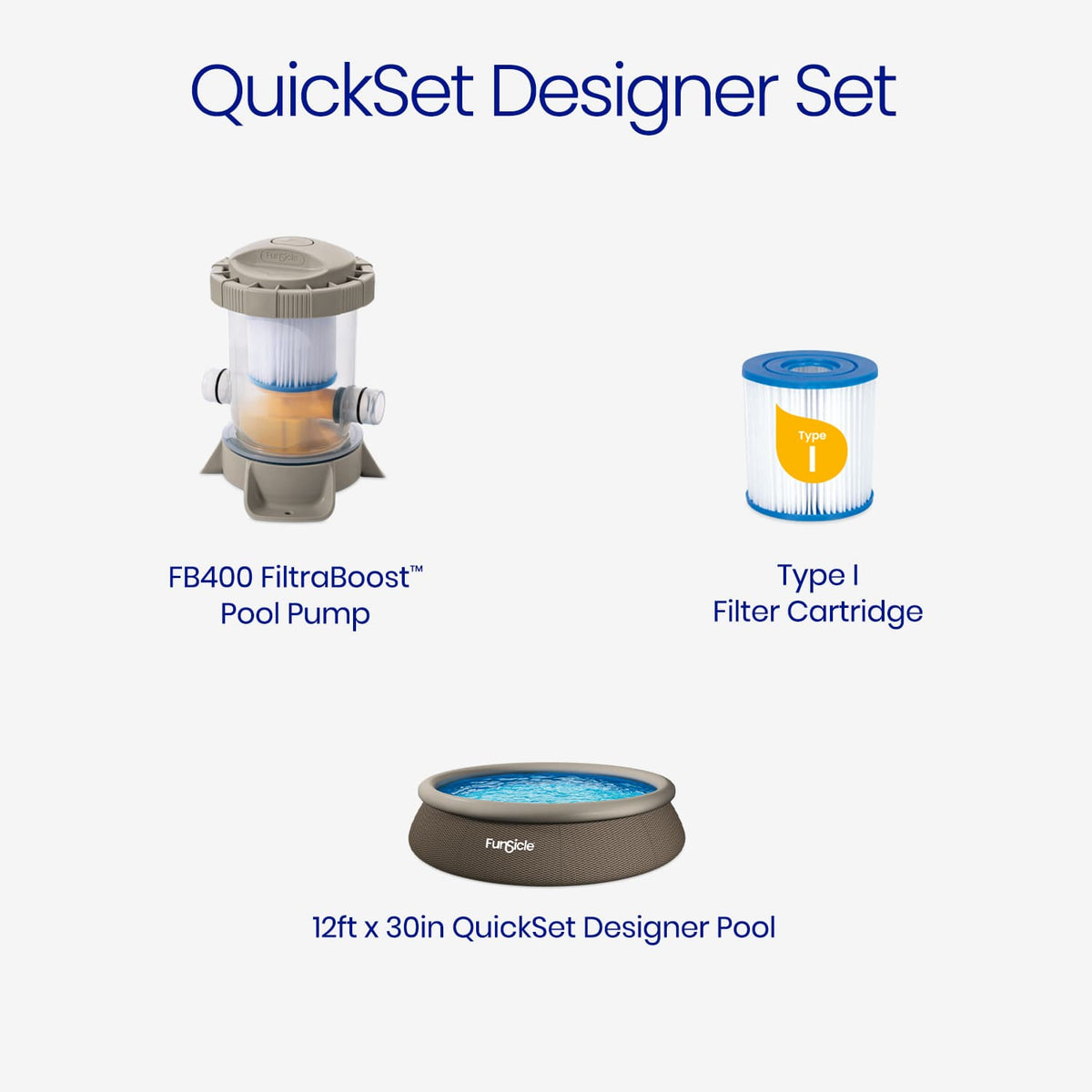 Funsicle QuickSet Designer Pool set infographic displaying a 12-foot by 30-inch rattan-style QuickSet Designer Pool, FB400 FiltraBoost pool pump, and Type I filter cartridge.