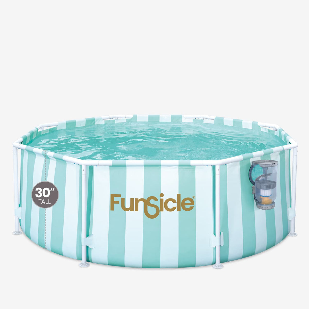 Funsicle Activity Designer Pool filled with water, featuring mint green and white striped sidewalls, white frame supports, a 30-inch height, and an attached FiltraBoost pool pump with AutoSkimmer.